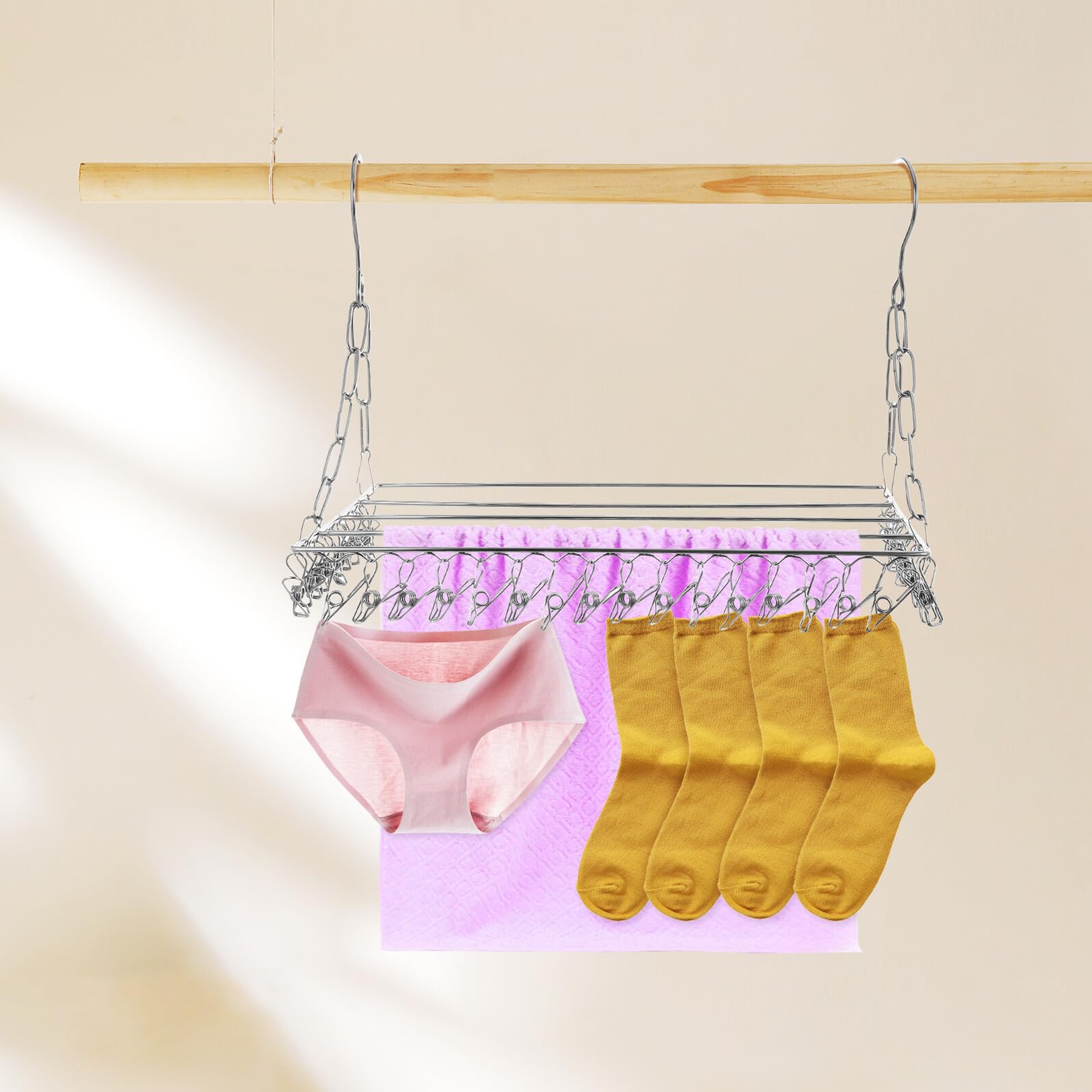 Stendibiancheria per Calze in Acciaio Resistente con Clip Antivento Appendino Salvaspazio Pieghevole per Calze Cappelli Sciarpe e Abbigliamento Installazione Facile Senza Attrezzi