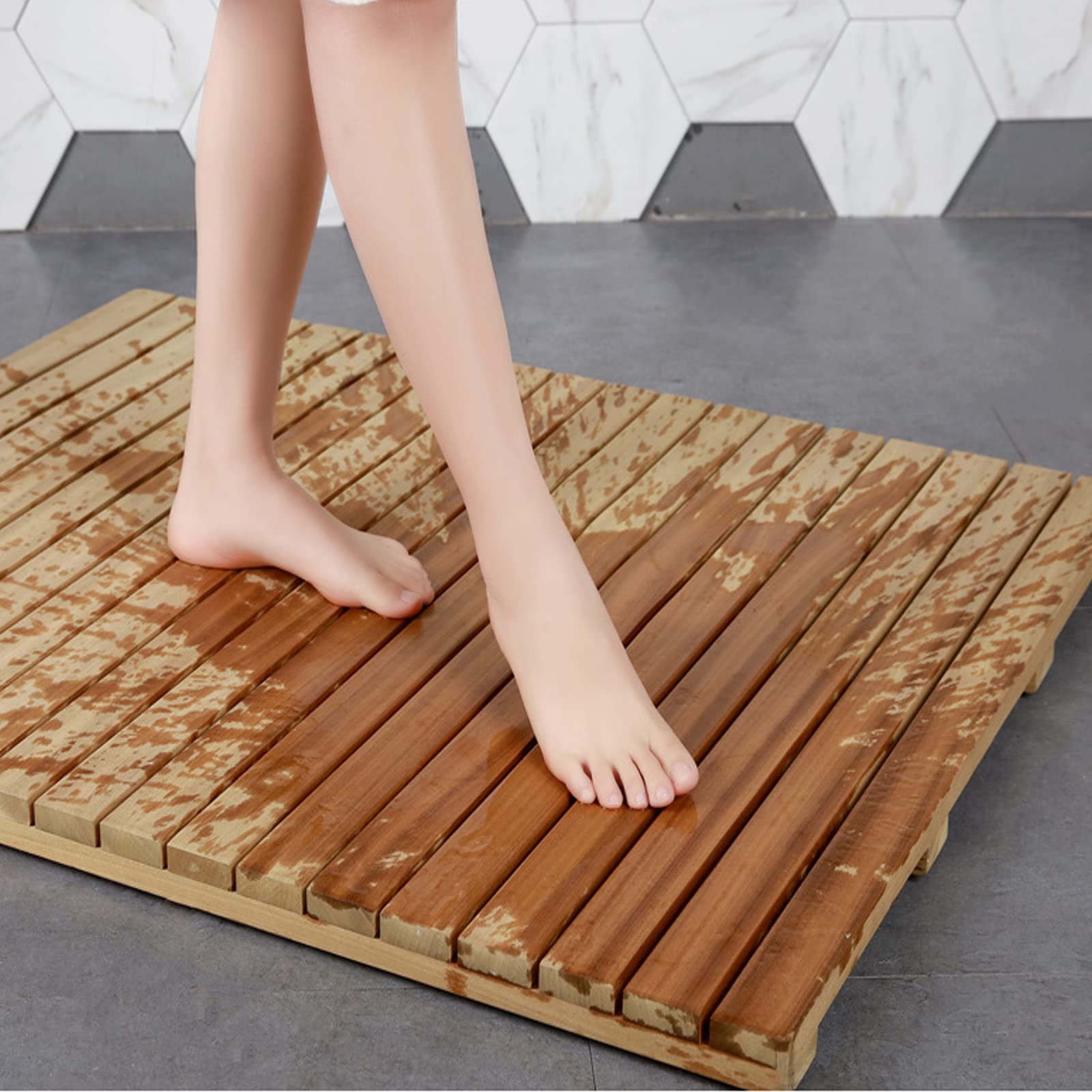 Tapis De Douche En Bois Massif Teck - Antidérapant, Dimensions 60x60 Cm - Pour Salle De Bain, Sauna, Spa - 7