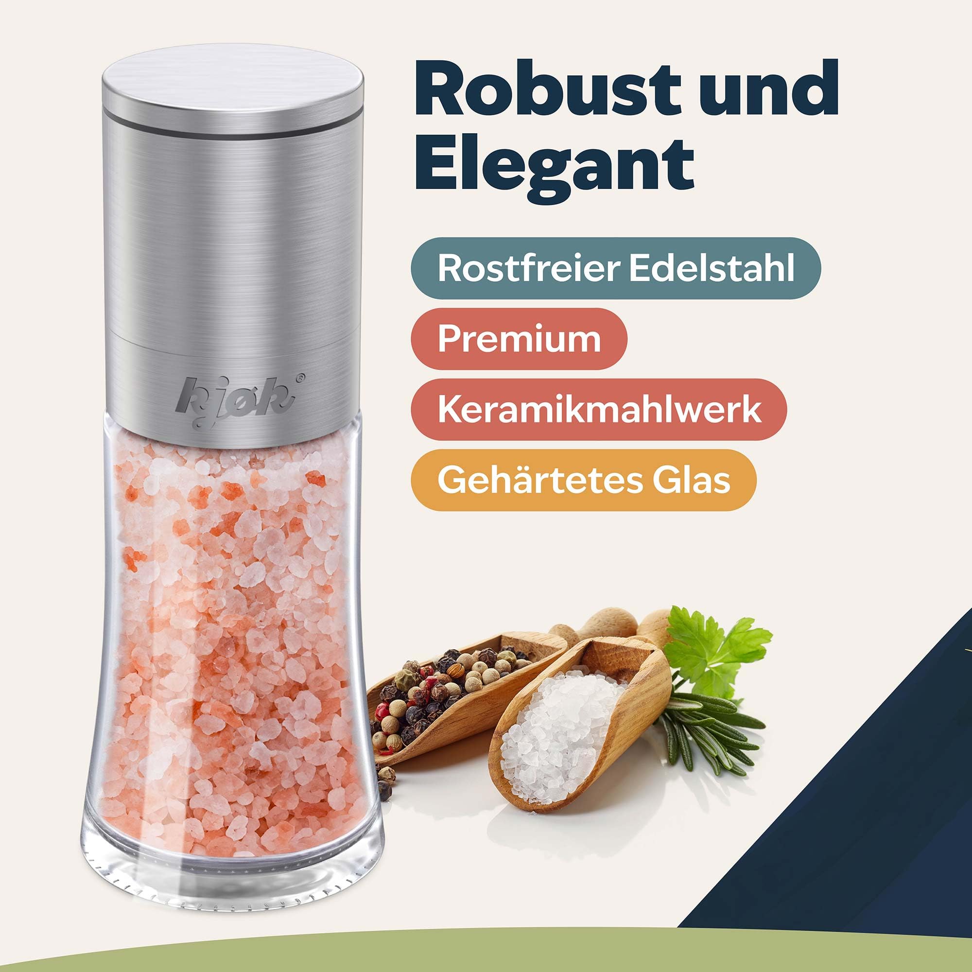 kjøk Salz- und Pfeffermühle 2er Set – Edelstahl gebürstet & Glas, stufenloses Keramikmahlwerk – nachfüllbare Gewürzmühlen mit Aromaschutz – ohne Inhalt