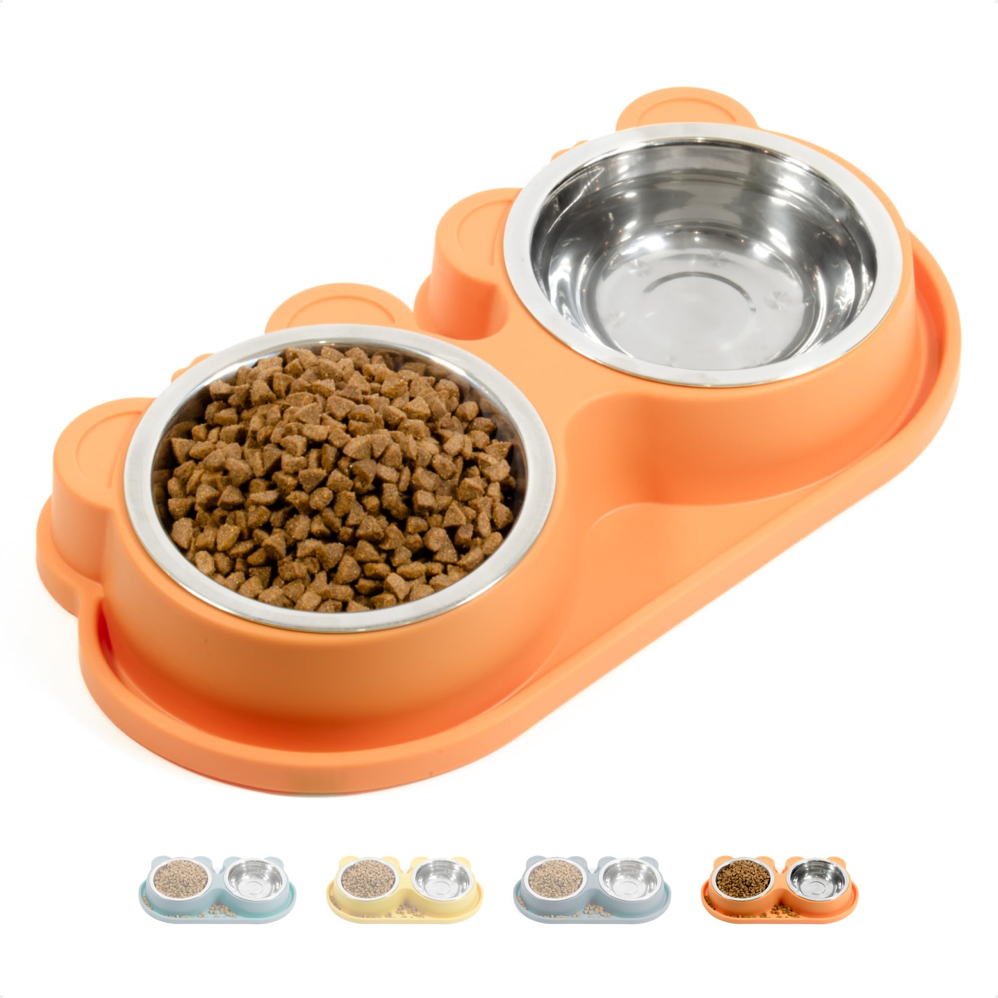 Comedero Doble Antideslizante de Acero Inoxidable para Gatos, Cachorros y Perros Pequeños | Comedero y Bebedero con 2 Cuencos Desmontables de 250ml