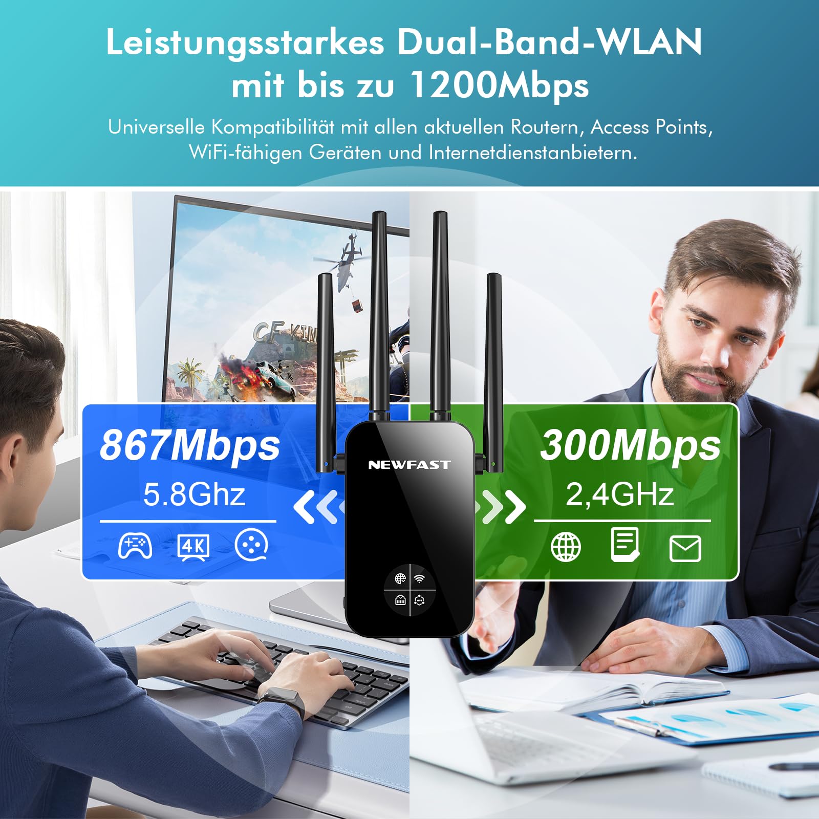 NEWFAST WLAN Verstärker,1200Mbps WiFi Extender Dual-Band WLAN Repeater | mit 4 Schwenkbare Antenne,WPS,MU-MIMO,Unterstützung Repeater/Router/Ap Modus für Zuhause und Büro,1-Tippen Einrichten,EU Plug