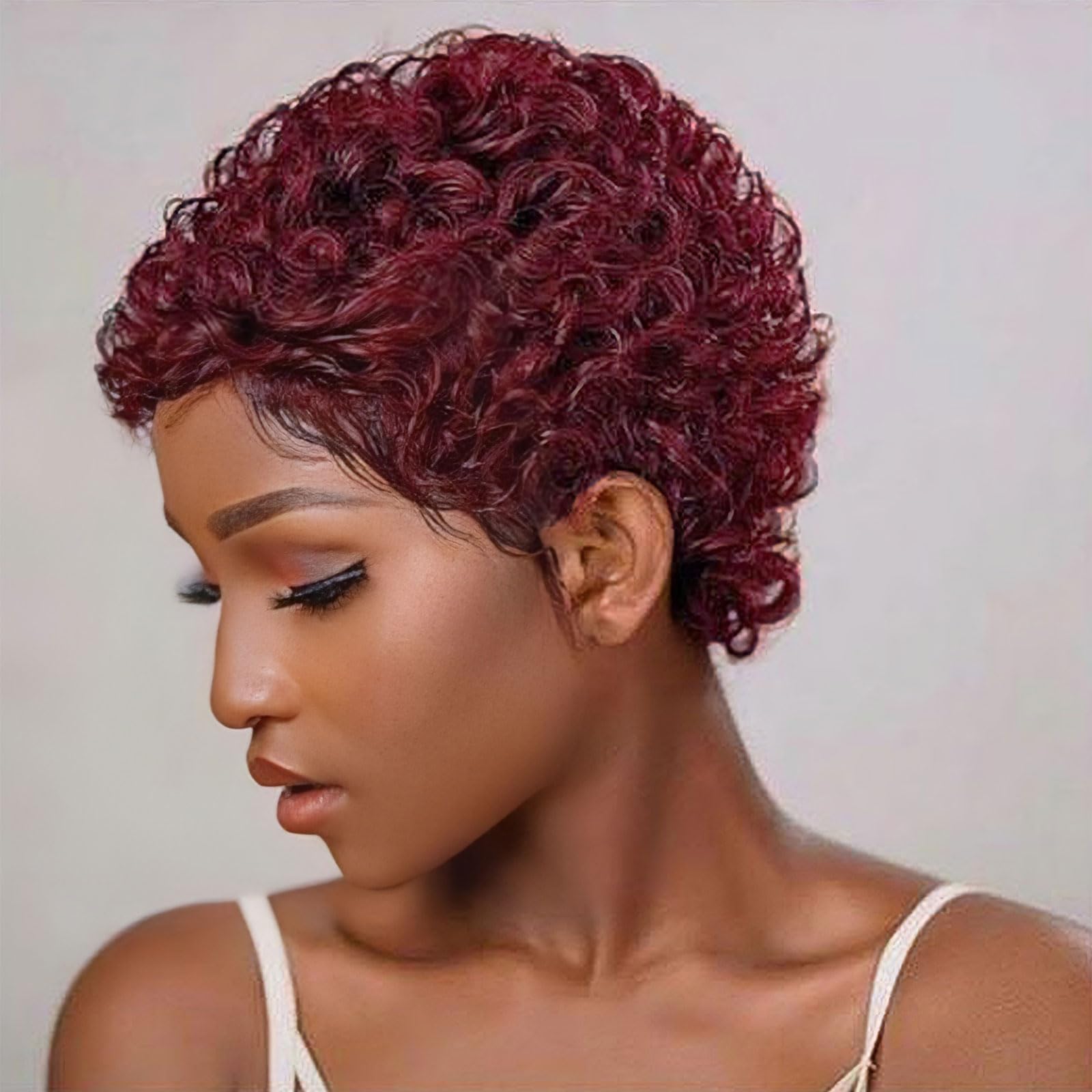 Guree Hair Glueless Wear and Go Wig Red Short Curly Human Hair Wigs for Black Women Glueless Wine Red Wigs Kinky Curly Wigs for Daily Use(99J)