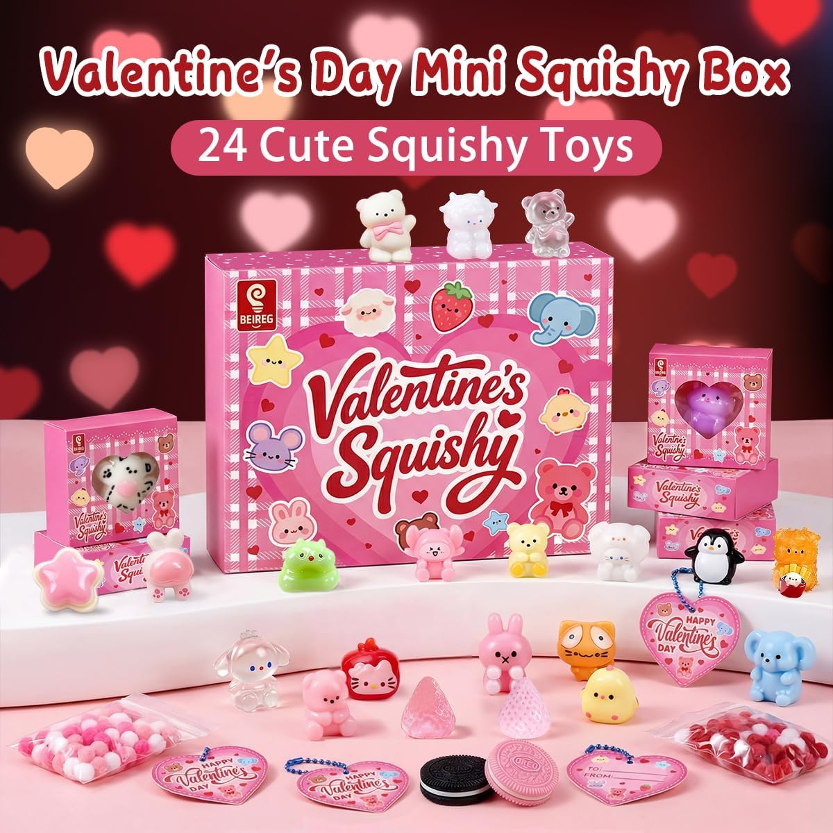 Mini Taba Squishy 24PCS with Gifts Box, Soft Stress Relief Squeeze Toys & Valentines Cards Day Gifts for Kids Classroom School Party Favors