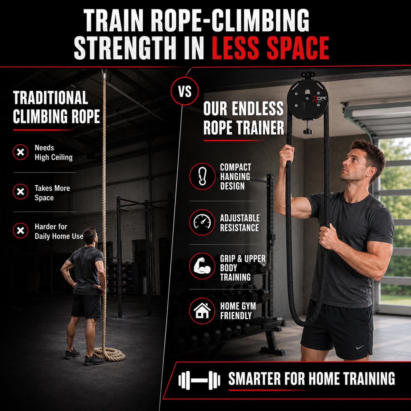 Oszczędność miejsca w domu, Trenażer linowy Endless Rope Trainer z liną 4 m i oporem 3-20 kg, do home gym, pleców, ramion i grip training, do małych przestrzeni