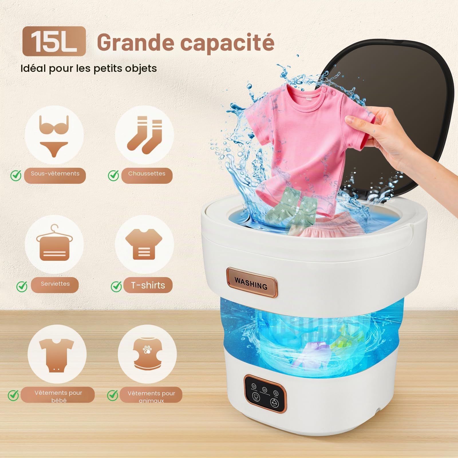 Machine à laver compacte pliable 15 l avec 3 modes de nettoyage et fonction d'essorage, économie d'eau et d'énergie, idéale pour appartements, vêtements de bébé, intérieur et animaux domestiques