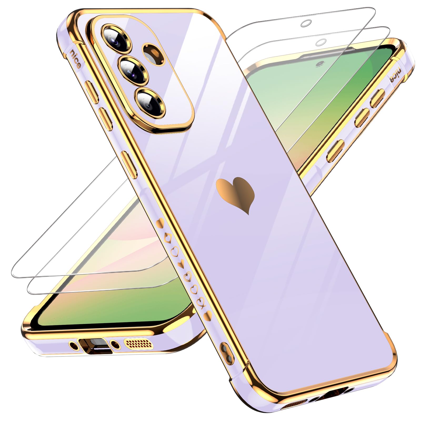 LeYi Etui do Samsung Galaxy A56 5G etui ze szkła hartowanego [2 paczki], miłość serce zderzak miękki silikon TPU cienki futerał ochronny na aparat do Samsung A56 kobiety, fioletowy