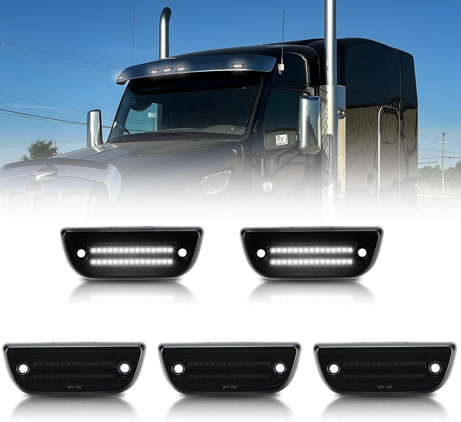 Bestview LED Cab Roof Marker Lights Assembly Compatible with 2015-2020 Kenworth T680 T770 T880 & Peterbilt 579 Heavy Trucks, Smoked Lens White LED Roof Top Clearance Running Lamps, 5PCS