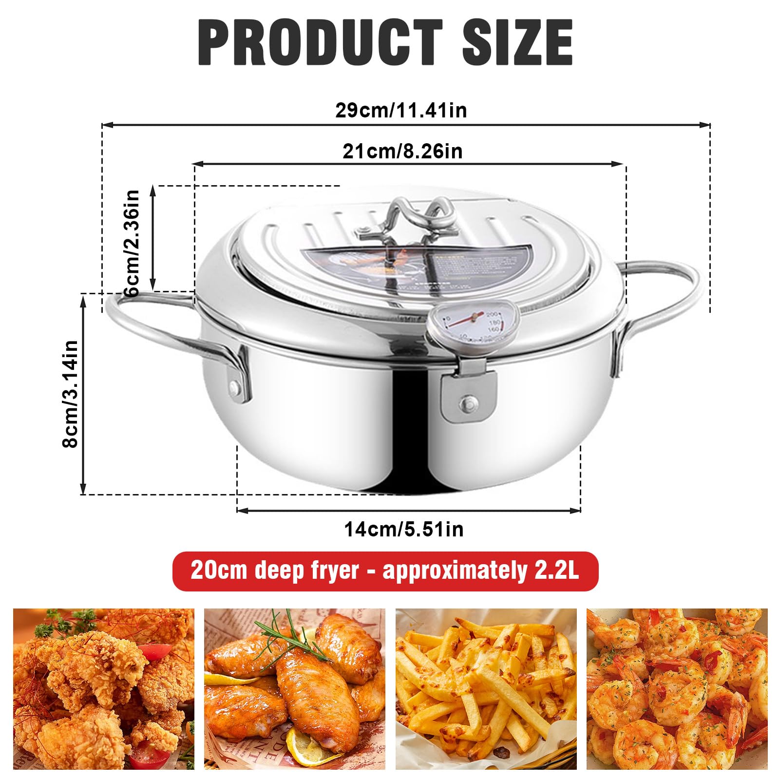 Pentola per friggere in acciaio inox, 2,2 l, con termometro e coperchio, per patatine fritte, ali di pollo e gamberetti