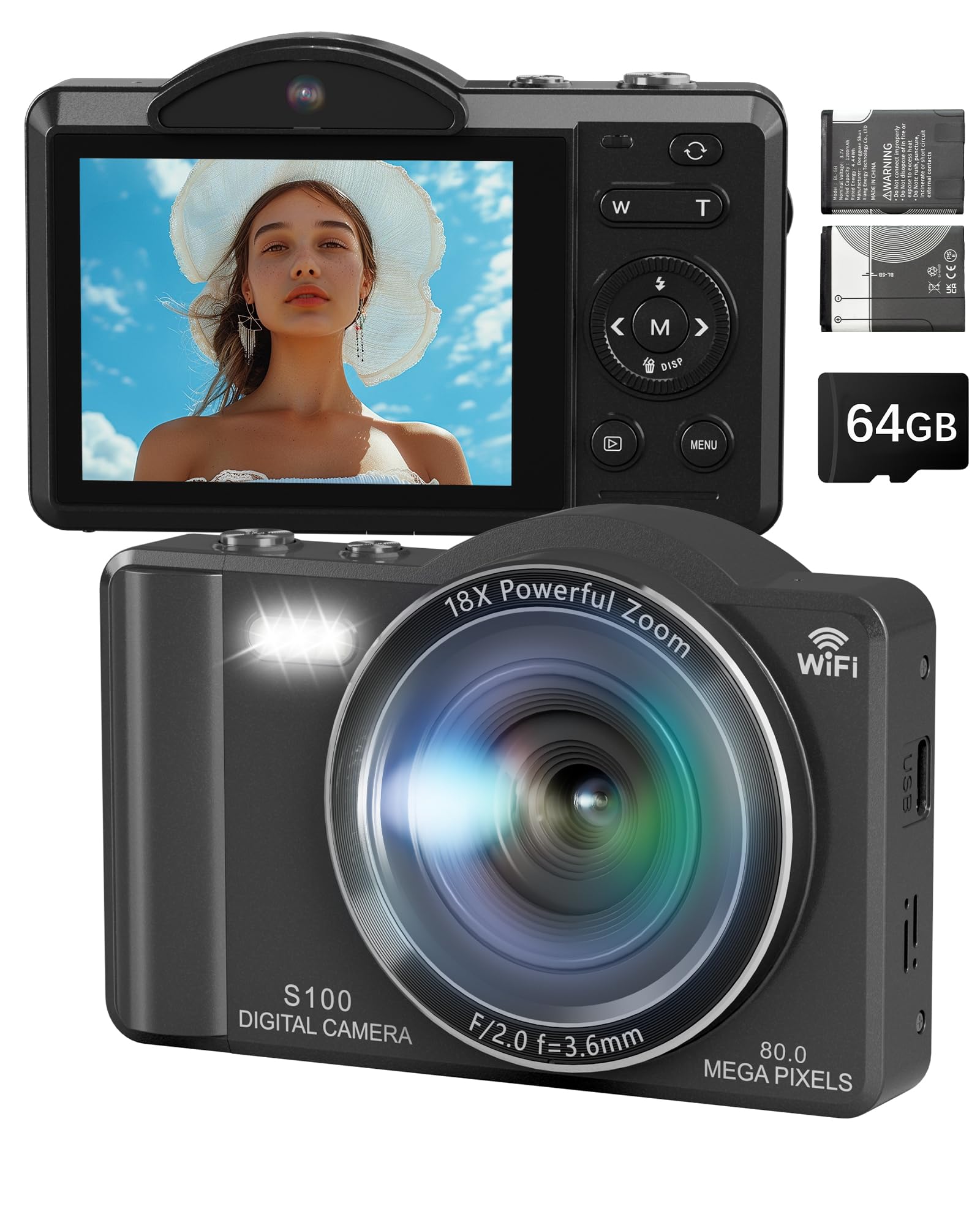 5K 80MP Cámara Digital Camara de Fotos para Vlogs con Wi-Fi, Cámara Compacta con Pantalla LCD de 2.8", Autofoco, Zoomdigital 18X, Tarjeta 64GB Incluida, Selfies Cámara para Principiantes Adolescentes