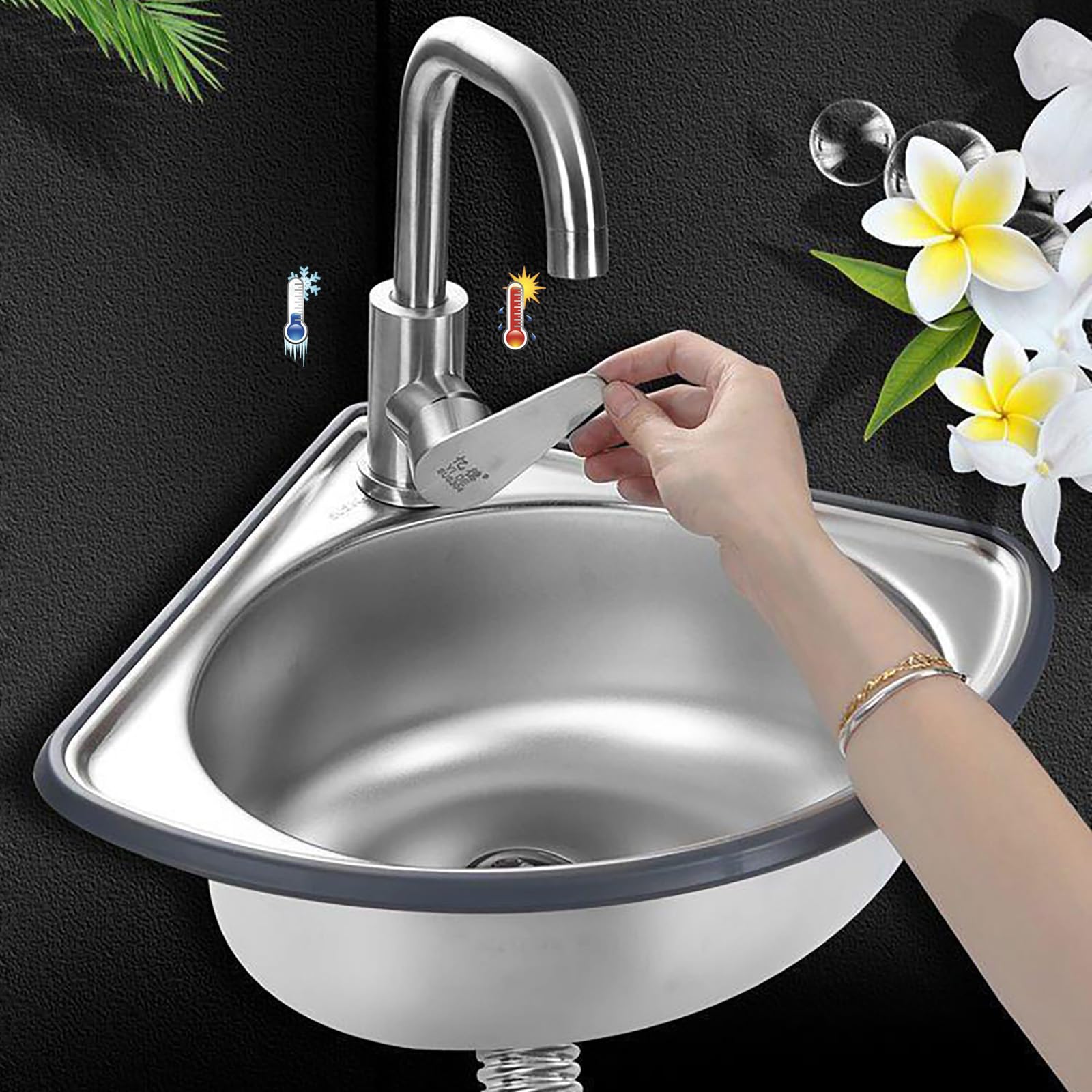 Fregadero de Acero Inoxidable de un Seno con escurridor y Grifo, lavabos Triangulares para baño, Ideal para Cocina, Exterior/Interior, Garaje, lavadero/Cuarto de Servicio, Restaurante - 34 x