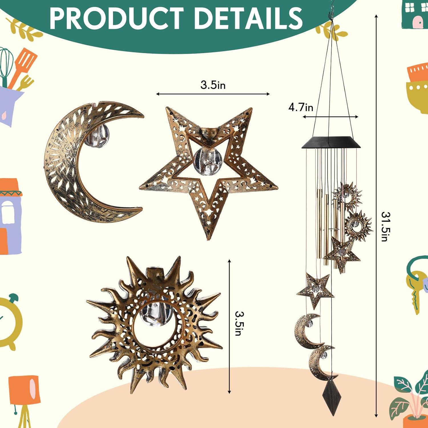 Solar Wind Chimes for Outside Waterproof Hanging Wind Chimes Lights Outdoor Decor Yard Garden Gifts for Mother Mom Grandma Wife Neighbors(Sun Moon Star,Warm Colored Lights) - Image 2