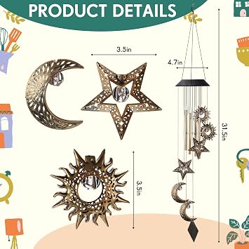 Colingmill Solar Wind Chimes for Outside Waterproof Hanging Wind Chimes Lights Outdoor Decor Yard Garden Gifts for Mother Mom Grandma Wife Neighbors(Sun Moon Star,Warm Colored Lights)