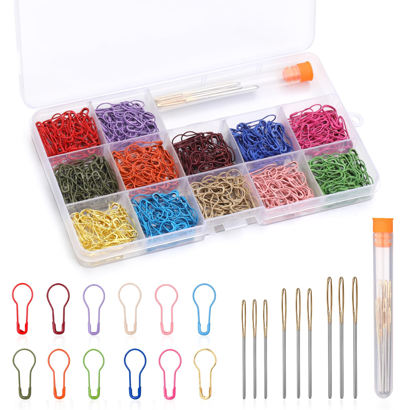 Namner Stitch Markers for Knitting and Crocheting, 600 Pcs Metal Crochet Markers Stitch Markers in 12 Colours with Blunt Needles, Storage Box and Needle Tube, Knitting Accessories and Supplies Kit