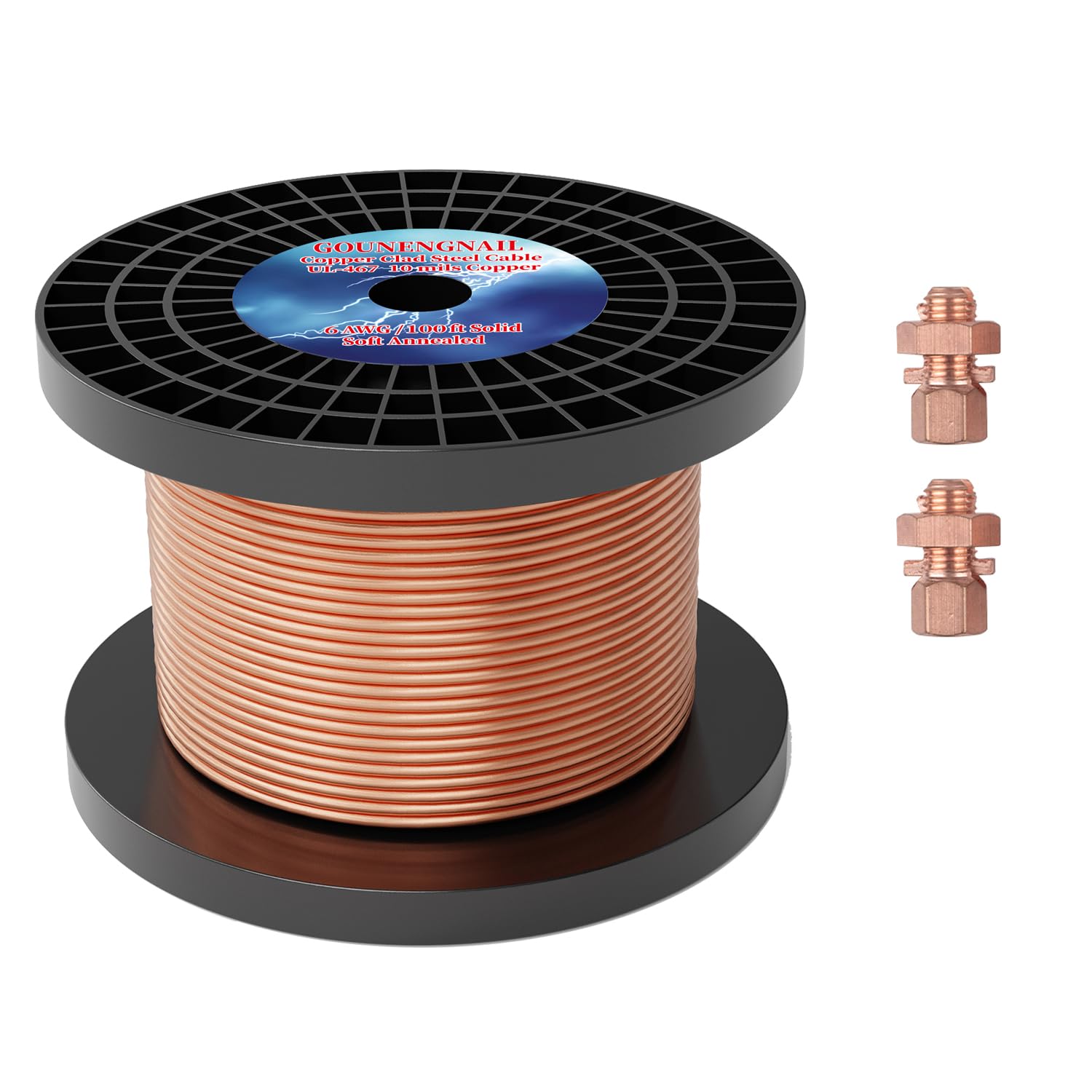 Soft Annealed Solid Grounding Wire, Per UL-467 10 Mils Copper Clad Steel Ground Cable Earth Cable(Copper Clad Wire with TJ16 Connector, 6AWG 100FT)