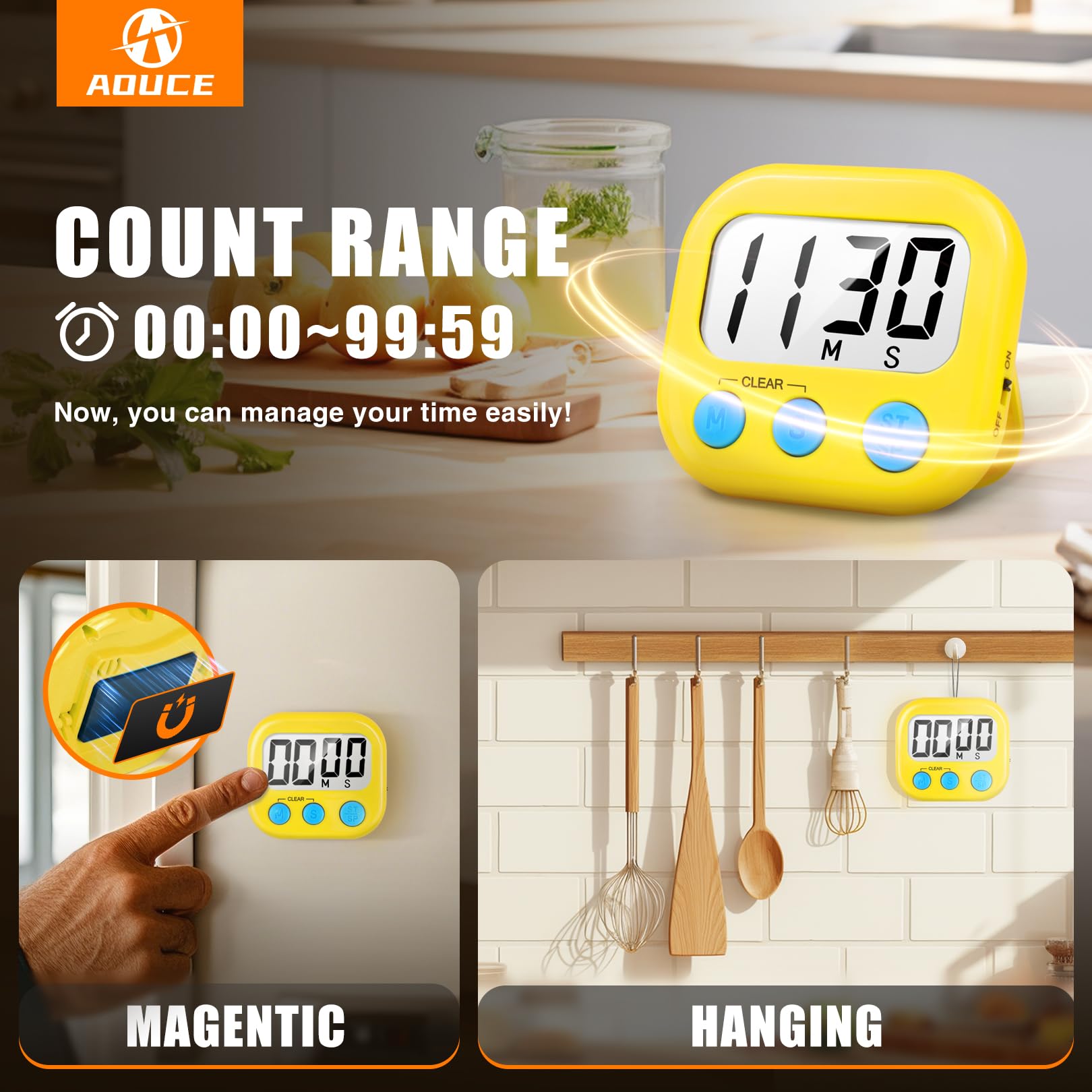 AOUCE Digitaler Küchentimer zum Kochen, Timer für Kinder, 2 Stück, Gelb