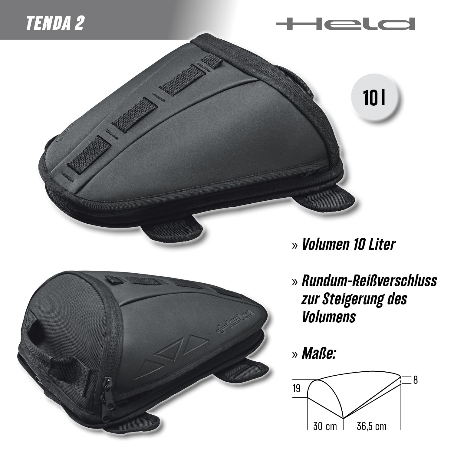 Held Tenda 2 Motorrad Hecktasche und Tankrucksack - vielseitige Tanktasche mit verstellbaren Schultergurte - 10L Volumen, Nylongewebe, 100% wasserdicht durch Regenhaube, Schwarz