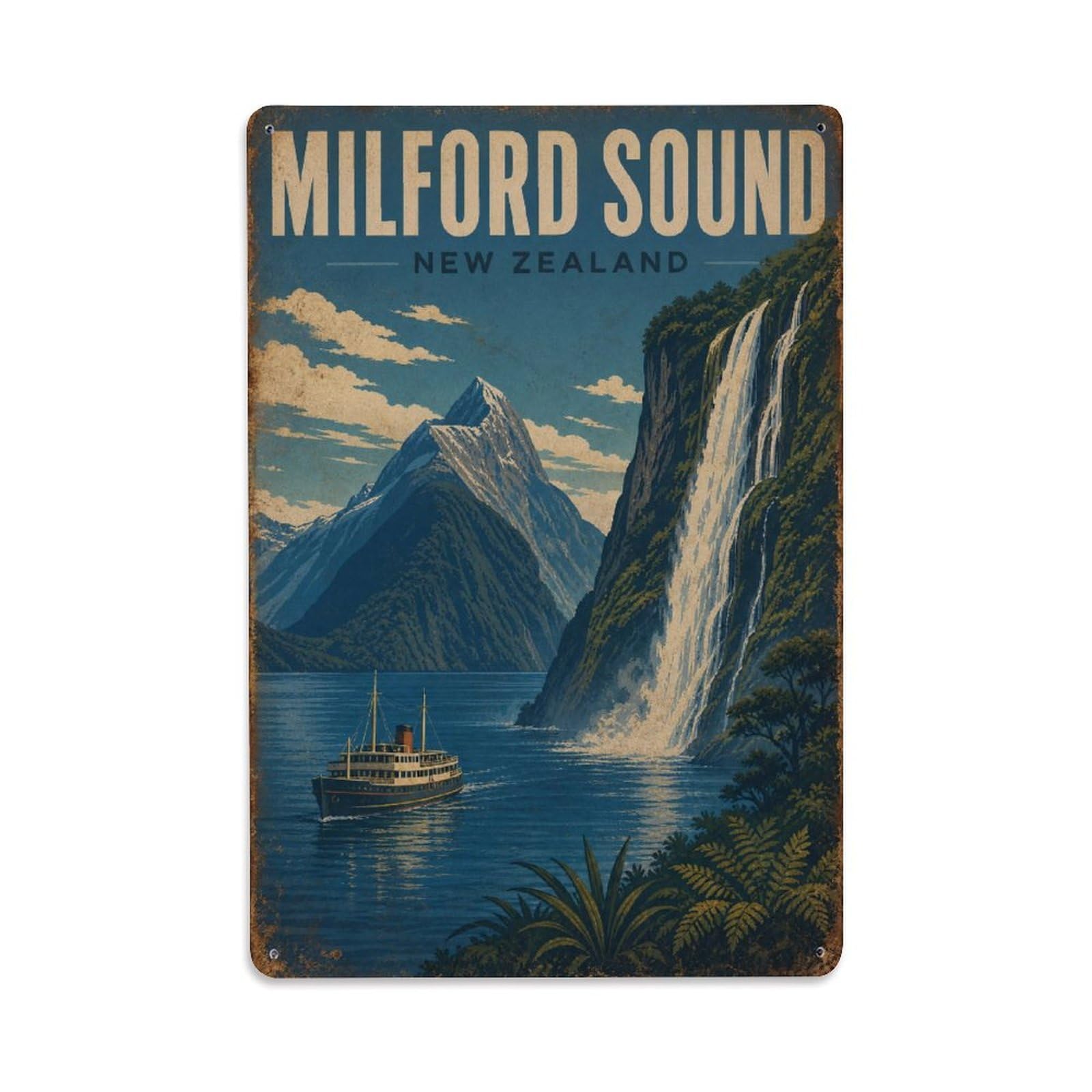 Metal Tin Sign Retro Travel New Zealand Milford Sound