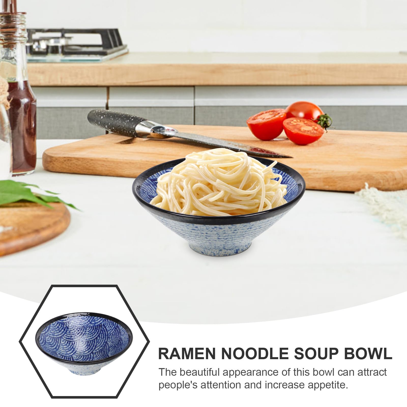 DECHOUS Cuenco Grande Previene Derrames Diseño de Ondas Marinas de Cerámica Estilo Japonés Vintage Gran Capacidad Adecuado para Sopa Ramen y Uso Hogar