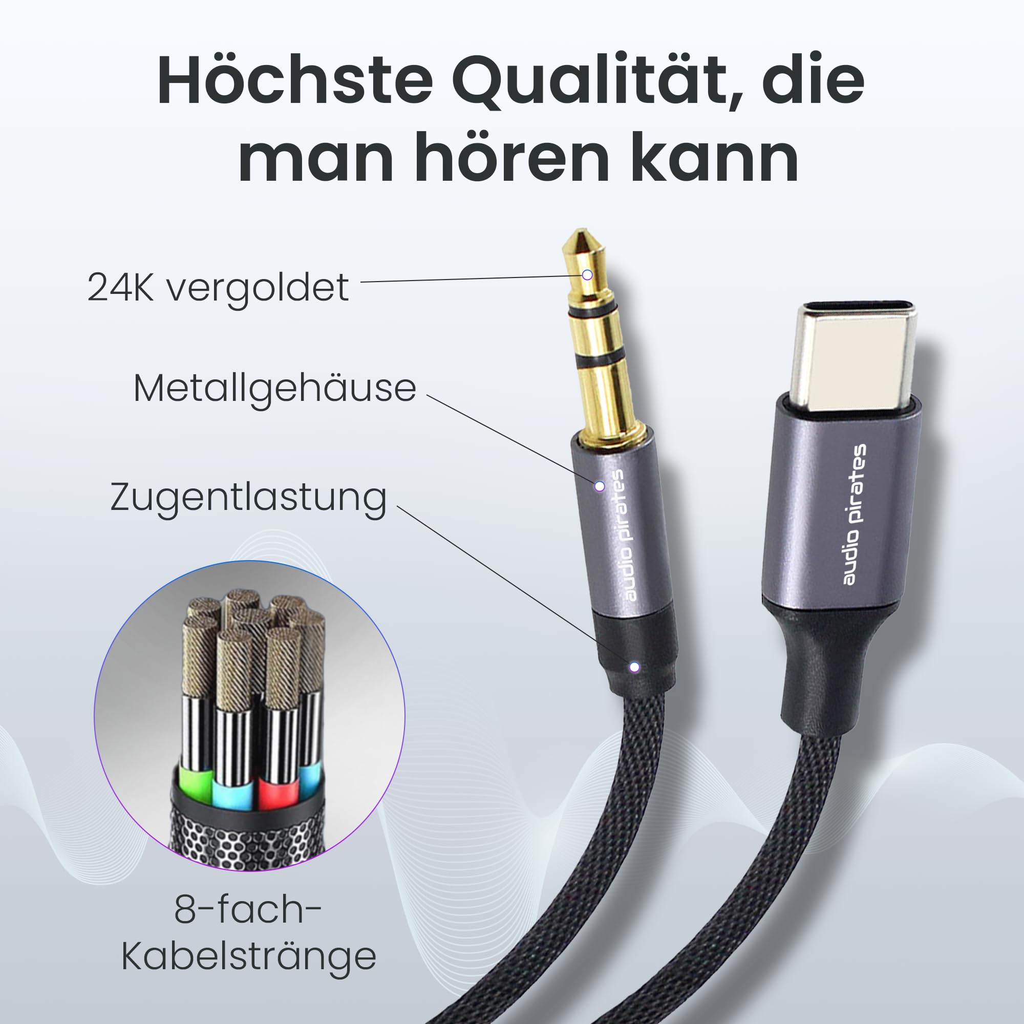 audio pirates HiFi USB-C auf Klinke Aux Kabel (2,0m) DAC | 3,5 mm Klinkenstecker | Nylon-Sleeve | Kompatibel mit iPhone 15/16/17 Pro/Max,Galaxy S26/S25/S24/S23/S22,iPad Pro | PERFORMANCE COLLECTION