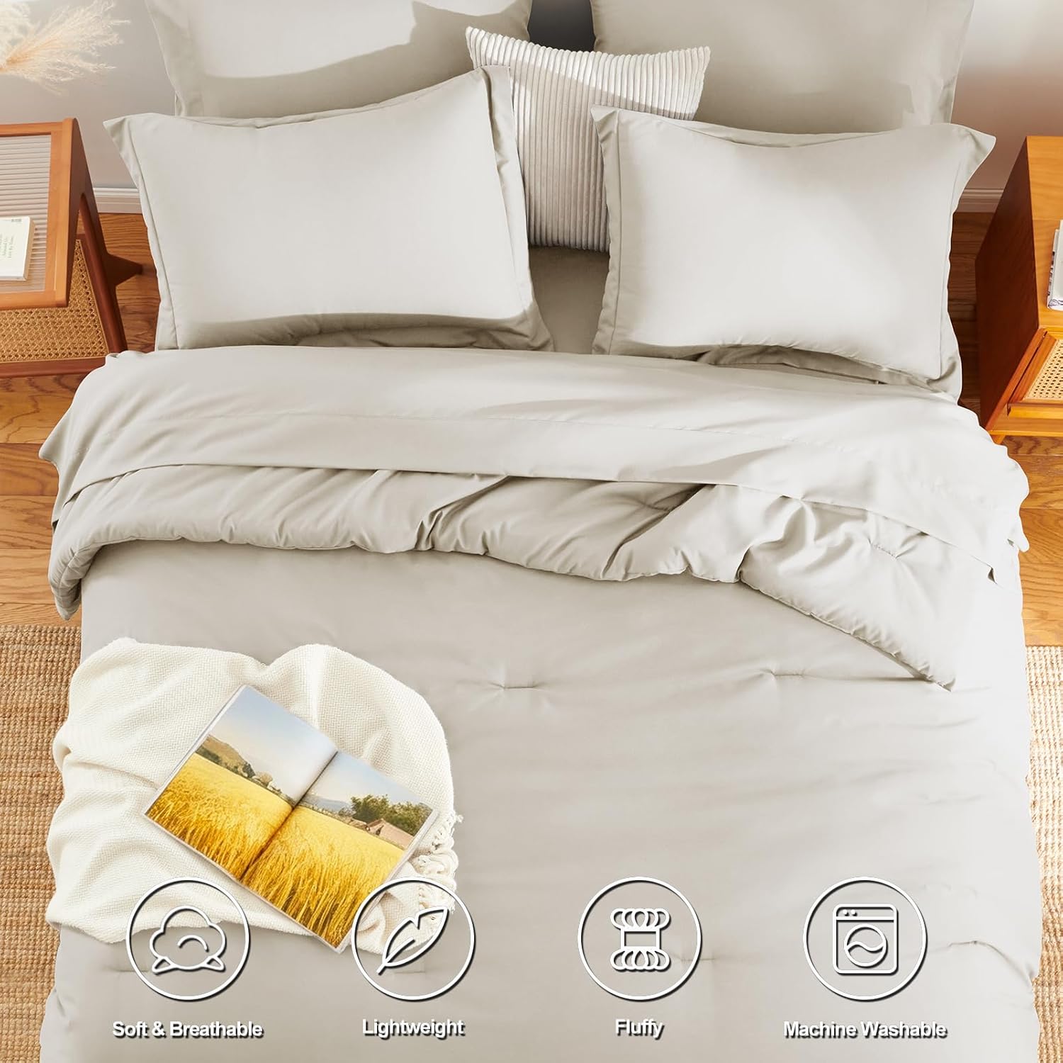 Beige Queen Comforter Set, 7 Pieces Bed in a Bag Queen Lightweight Bedding Set, All Season Soft 7PC Bed Set with Comforter, Flat Sheet, Fitted Sheet, Pillowcases & Pillow Shams - Image 2
