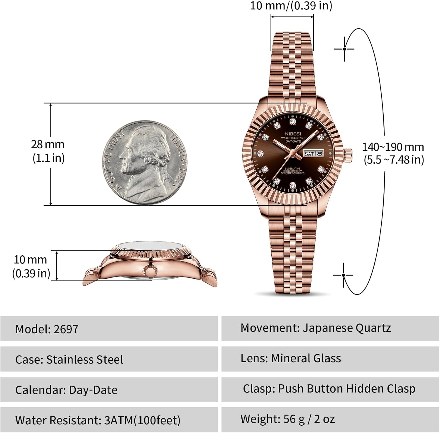 NIBOSI Watches for Women Analog Quartz Stainless Steel Dial with Day Date Luminous Waterproof Dainty Classic Luxury Diamond Elegant Dress Women's Watch for Small Wrists - Image 3