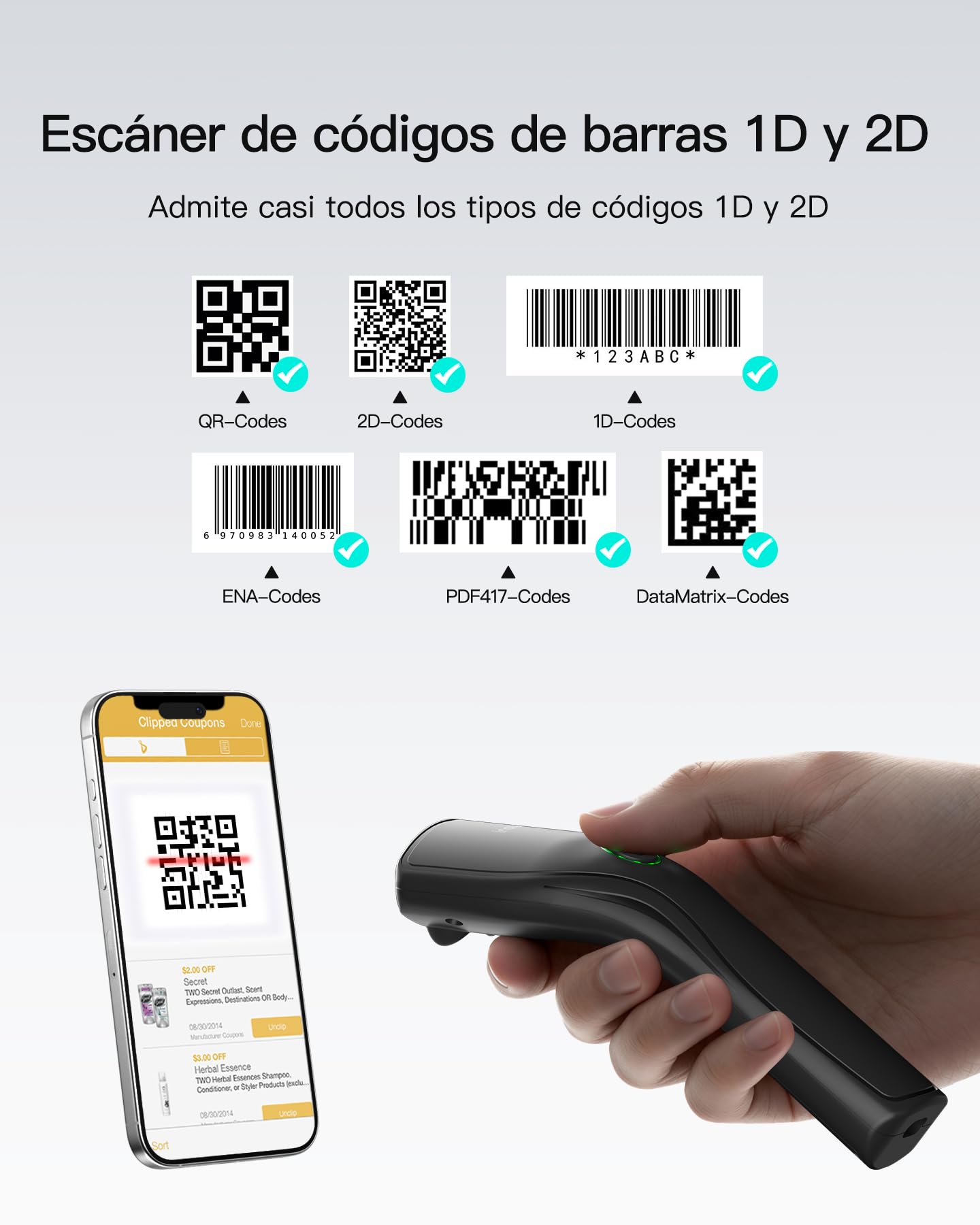 Inateck Escáner de Códigos de Barras 2D Inalámbrico, Lector QR Portátil con LED de Estado Multicolor, Diseño Ergonómico Ultraligero de 108g, Escáner Bluetooth, Batería Recargable Sustituible, N6057 | Escáner de código QR con batería extraíble, compatible