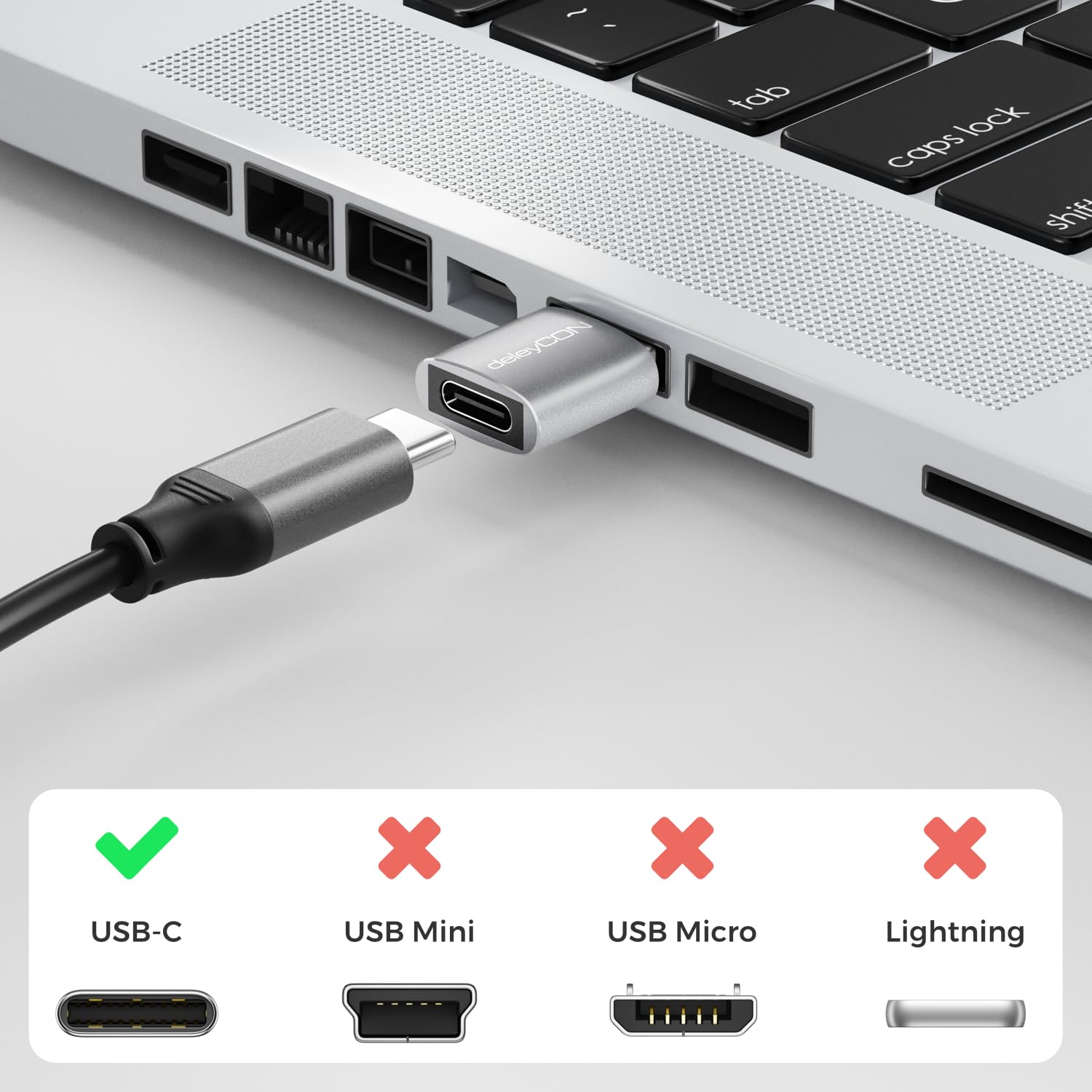 deleyCON Adattatore USB C (2 Pezzi) USB 3.0 5 Gbps - Presa USB-C A Spina USB-A - per iPhone Serie 17/16/15, iPad, Galaxy Serie S25/S24/S23, A56, A16, Laptop, Notebook, CarPlay ecc.