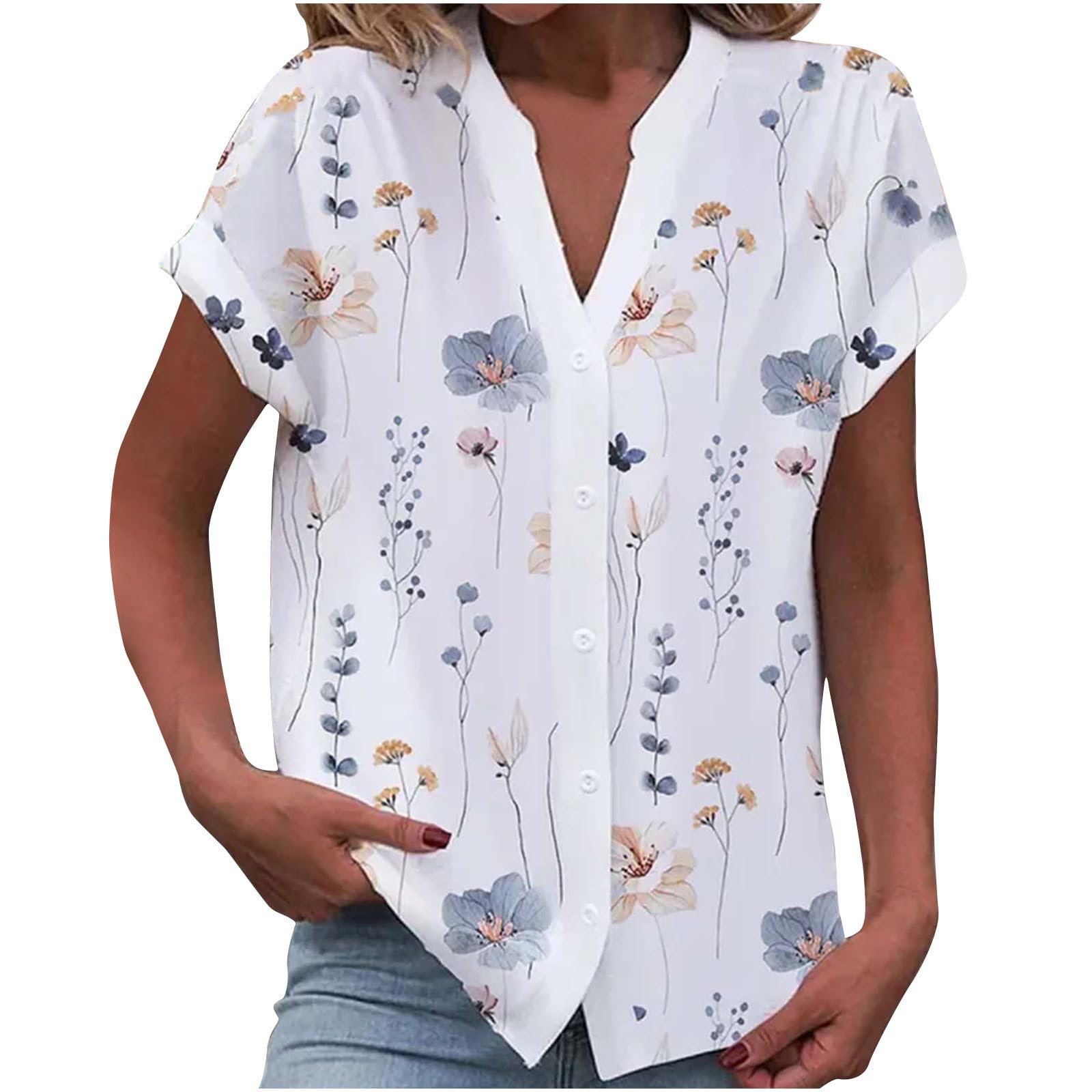 Ceboyel Womens Button Down Shirts Floral Print Tunic Blouses V Neck Short Sleeve Tops Dressy Causal Boho Ladies Clothes 2023
