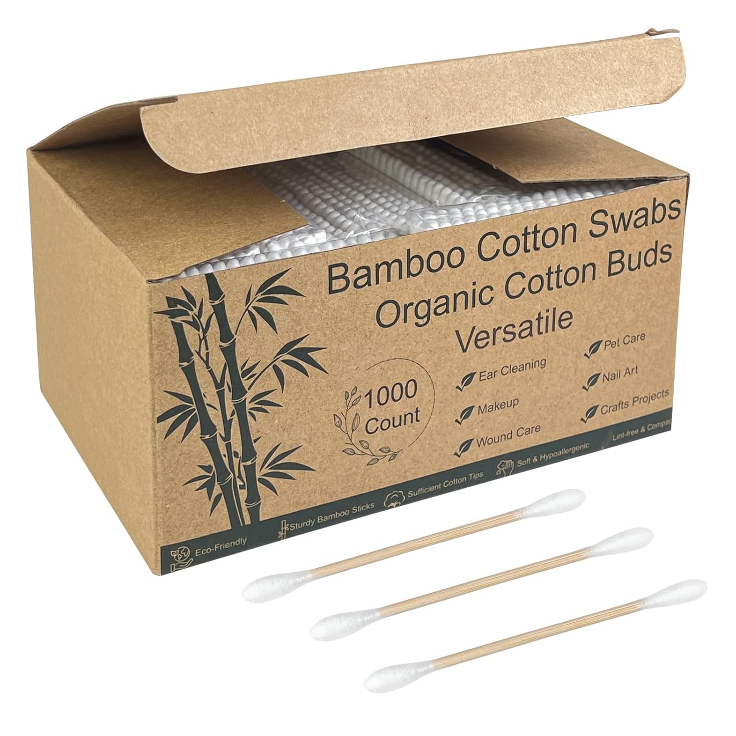 1000 ct Bamboo Cotton Swabs - Sturdy Bamboo Core Soft Cotton Tips - Disposable Swabs for Beauty Makeup