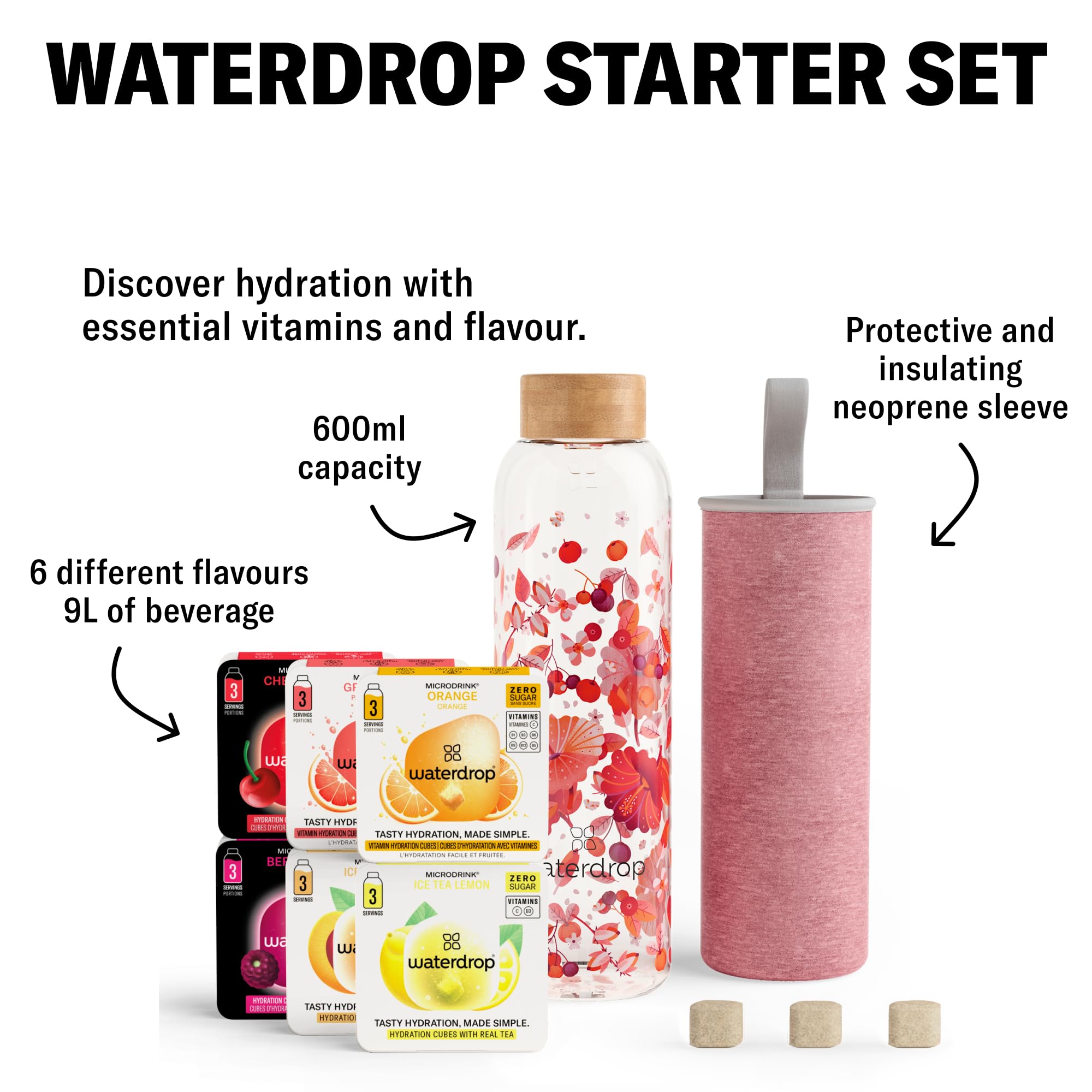 waterdrop Szklany Zestaw Startowy Butelka ze Szkła Borokrzemowego 600ml + 18 Bezcukrowych Kostek Microdrink Smaki