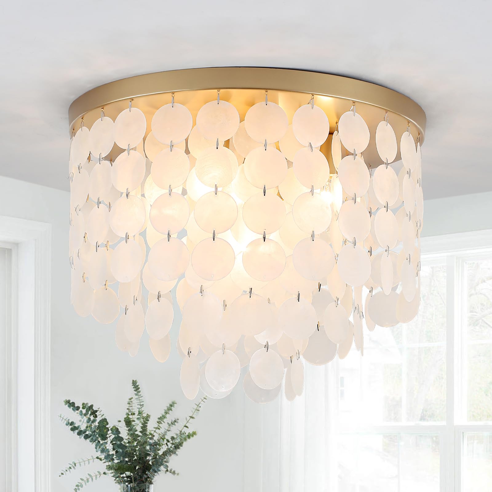 JHLBYL Capiz Shell Ceiling Light, Brushed Brass Finish, 5 Light E14 Base Flush Mount Boho Ceiling Light for Bedroom, Kitchen, Bathroom, Dining Room and Entryway