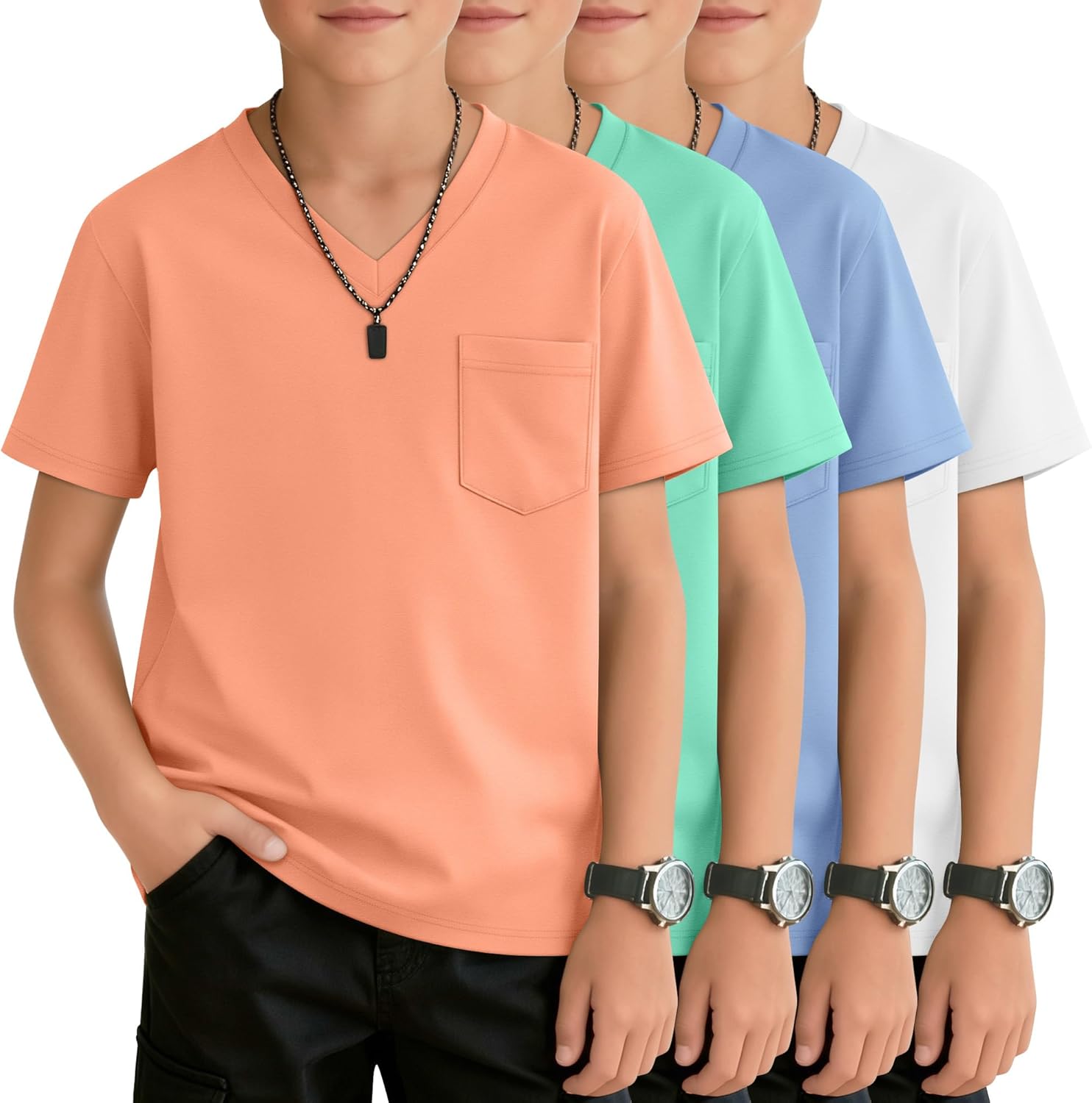 4 Pack Boys' Short Sleeve T-Shirts Pocket V Neck Loose Fit Tops Tween Kids Casual Solid Summer Basic Tees 5-14 Years