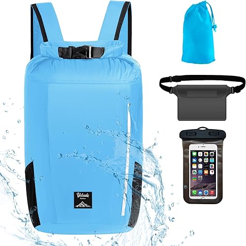 Mochila impermeable a prueba de arena de 20 litros, bolsa seca ligera e impermeable, saco seco plegable con funda para teléfono y bolsa de cintura
