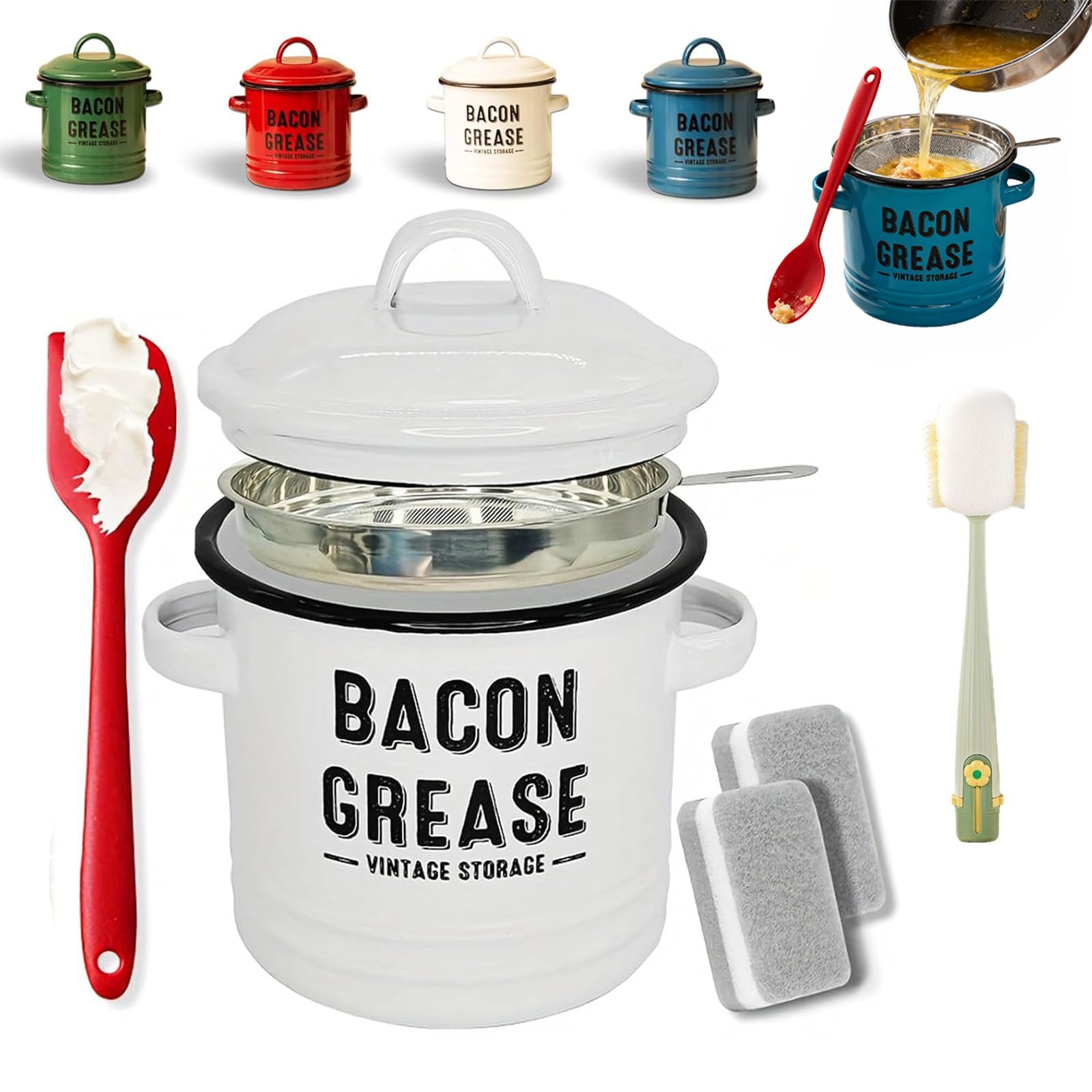 Donubiiu 2026 Upgraded Grease Container with Filter and Scraper, 46 oz Bacon Grease Container with Strainer And Food-Grade Silicone Spatula, Ceramic Grease Trap Jar with Lid Disposal for Cooking (B)