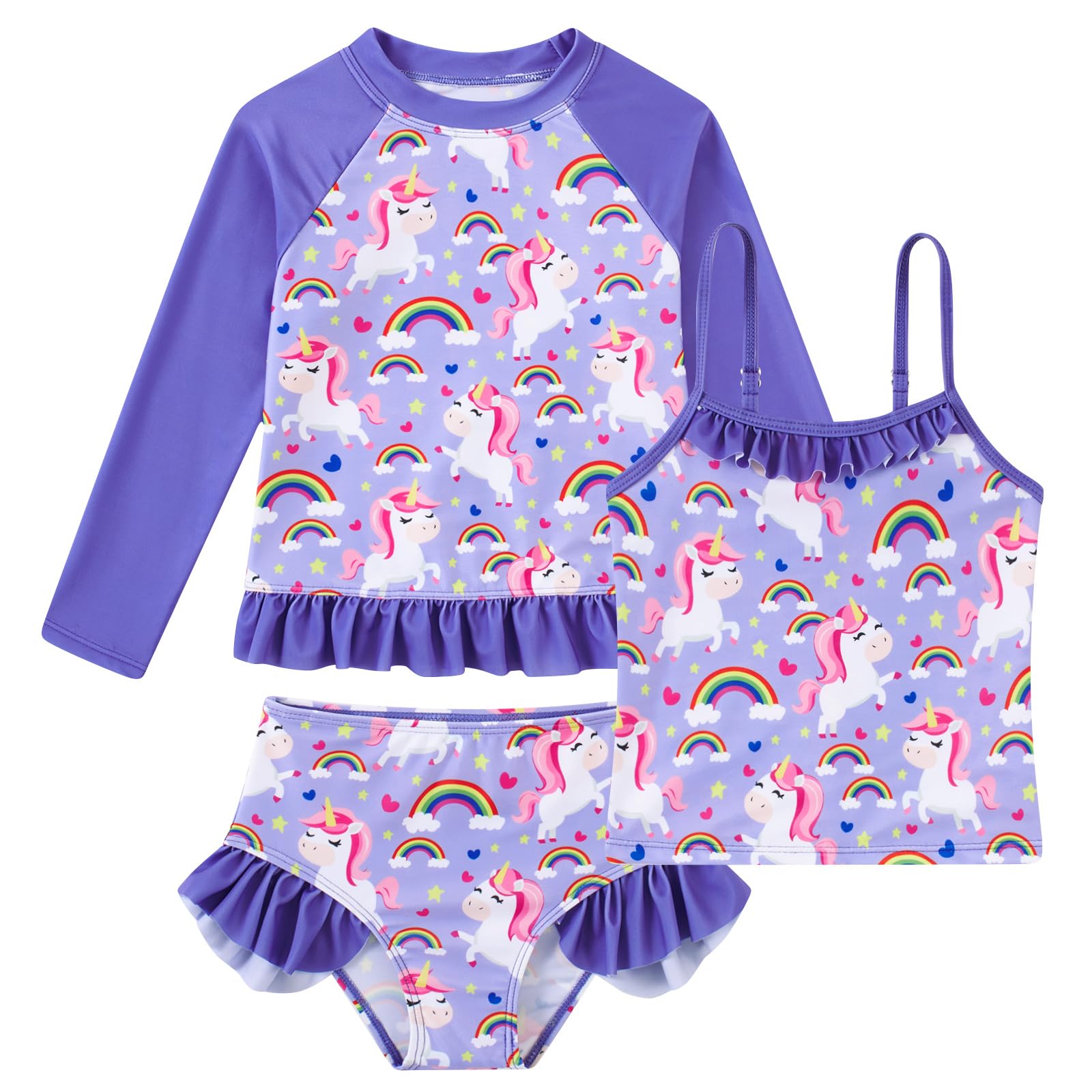 BFUSTYLE Girls Swimsuit 3 Pieces Rash Guard Kids Bathing Suit 3-8 Years | Funny Sun Protection Quick Dry Summer Beach Long Sleeves Swimwear Tankini Set