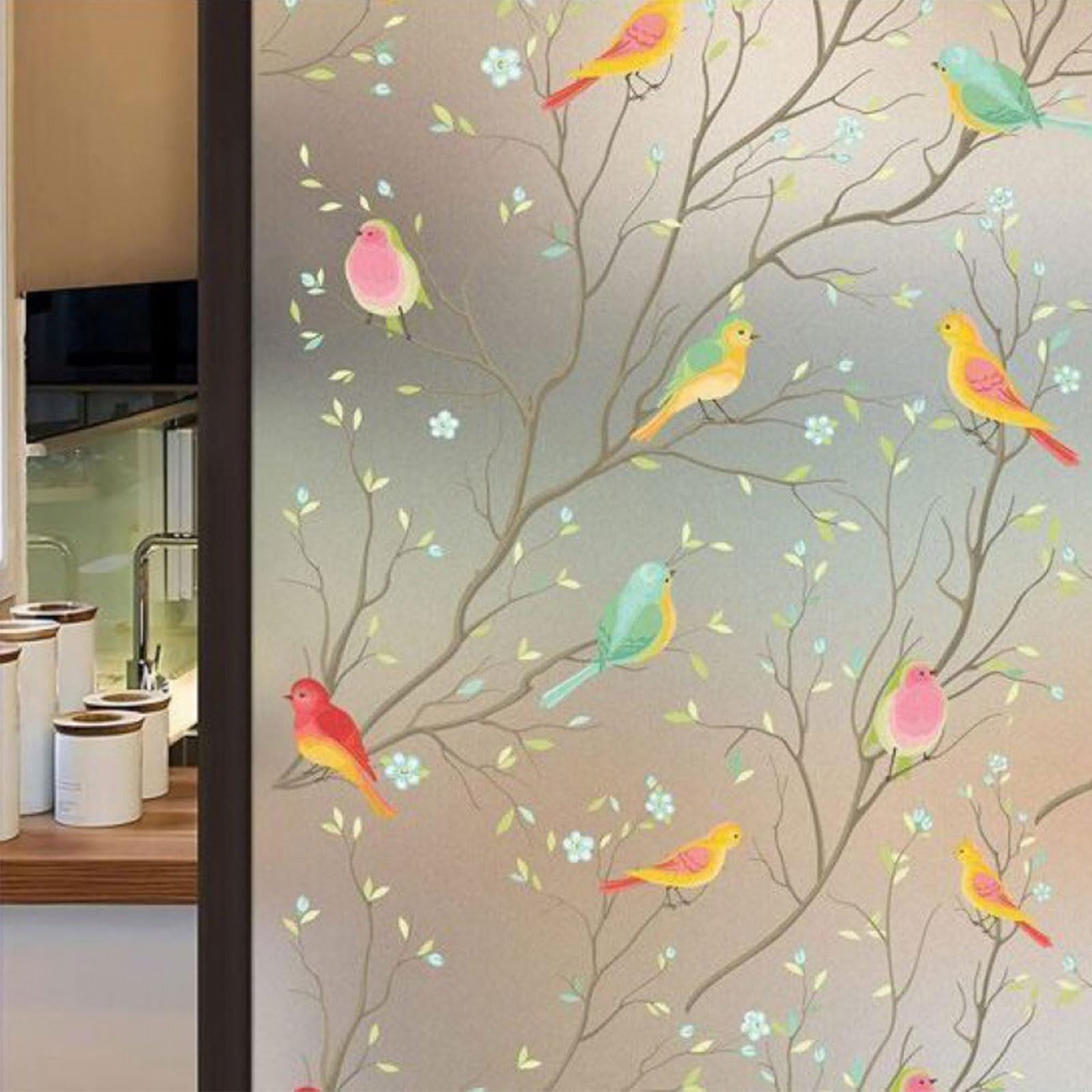 Eiauiuo Opaque Window Film For Privacy, Decorative Bird Pattern Self-Adhesive Static Cling Window Film, UV & Heat Protection Frosted Glass Film, Colorful Non-Adhesive Privacy Film(60x100cm)
