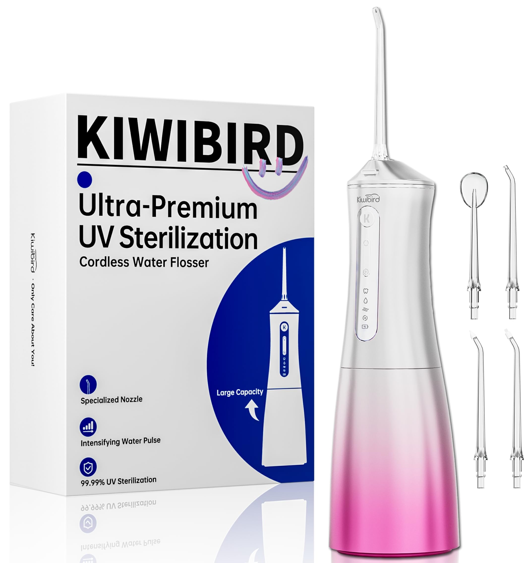 KIWIBIRD Wasser-Zahnseide mit UV-C-Desinfektion, kabellose Munddusche, 3 Modi und 4 Spitzen, 300 ml BPA-freier Tank, 40-120 PSI tragbarer Zahnreiniger für Plaque, Zuhause und Reisen (Pink Ombre)