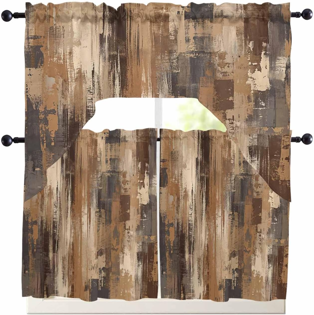 Brown Abstract Swag Kitchen Curtain Sets with Valance, 3 Pieces Vintage Geometric Gradient Oil Painting Modern Curtain Drapes for Bedroom Living Room Bathroom Windows, 56''x36'' & 36''x27.5''x2Panels