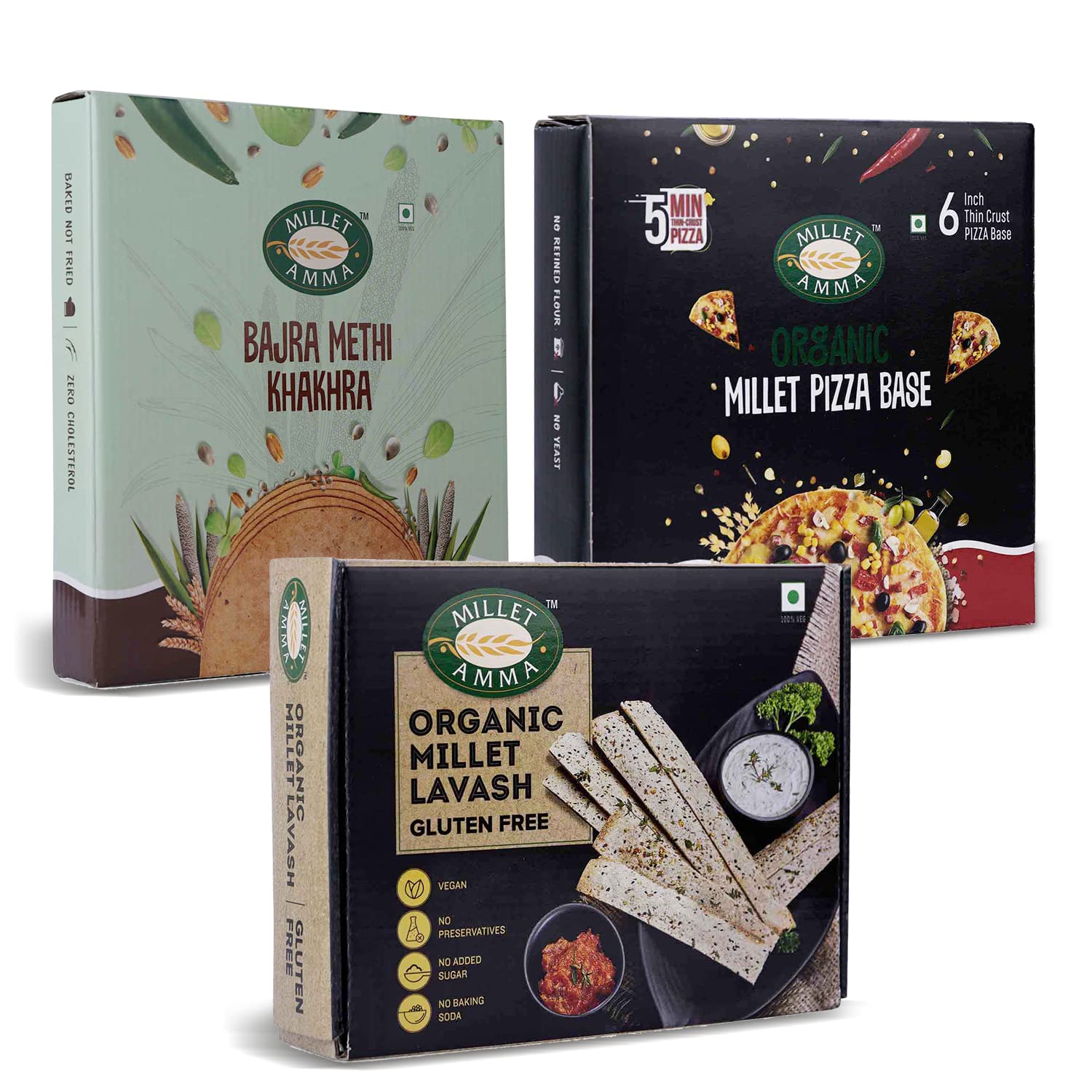 Millet Amma Millet Snack Combo Pack of 3 | Organic Millet Pizza Base 6 Pieces Thin Crust Pizza Base 200gm + Millet Lavash Gluten Free 150gm + Bajra Methi Khakhra 180gm | 70% Millet Content (B09M8RRJJL) Amazon Price History, Amazon Price Tracker