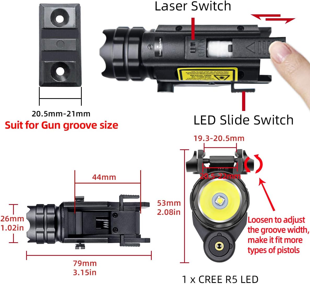Rail Mounted Pistol Red Laser Light Combo (Laser Sight Combo) & 600 Lumen Strobe Pistol Flashlight Rail Mount Gun Flashlight with Quick Release for Pistols Handguns,Gun Light,Pistol,Rifles