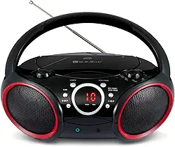 SINGING WOOD CD Player portátil 030C Boombox com rádio estéreo AM FM, entrada de linha auxiliar, conector de fone de ouvido, CA ou bateria compatível (preto com um toque de aros vermelhos)