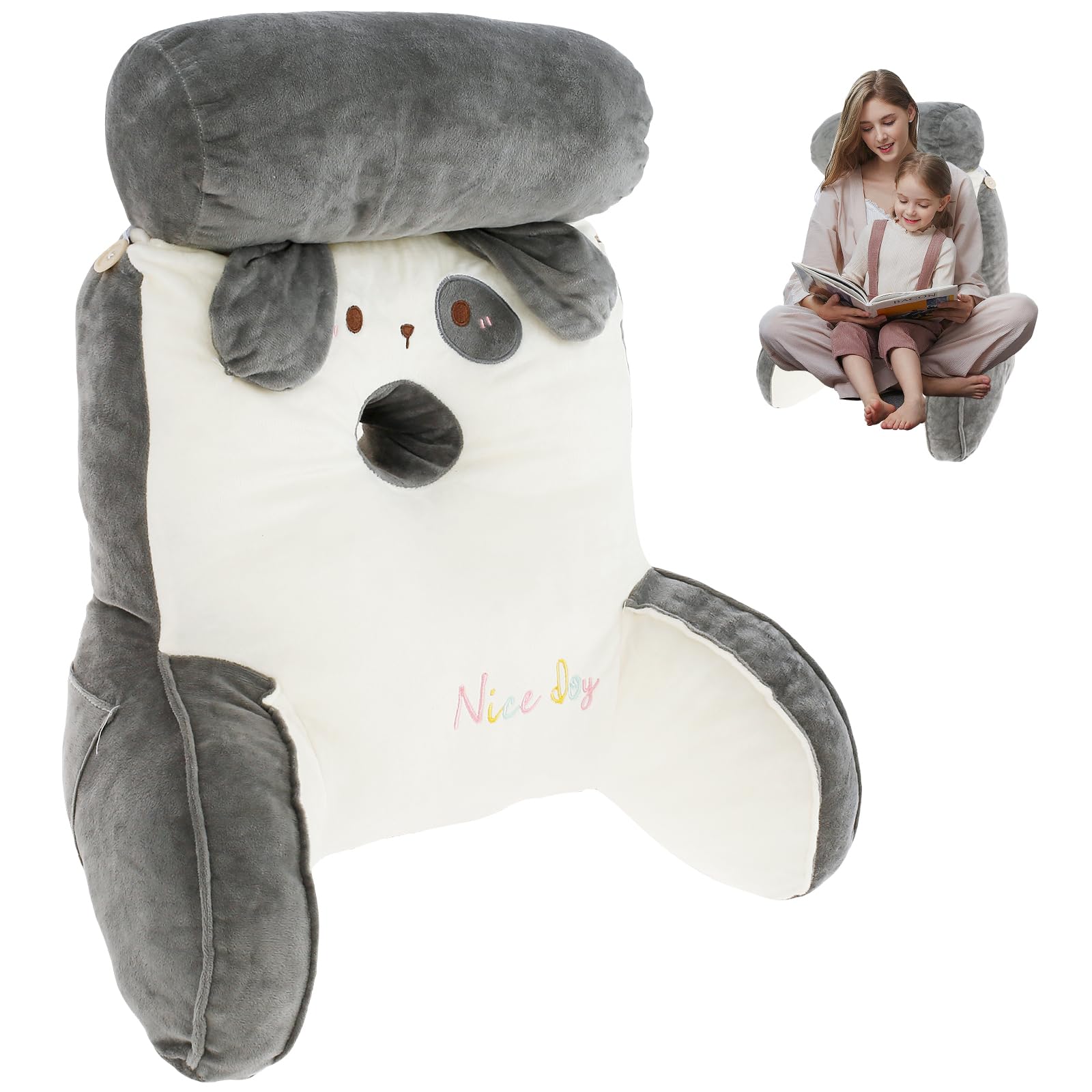 Reading Pillow for Bed, Cuddle Cushion with Detachable Neck Roll, Soft Cuddle Pillow with Storage Pockets,Cartoon Back Support Pillow with Removable Cover for Reading Watching TV(53x50cm,Gray dog)