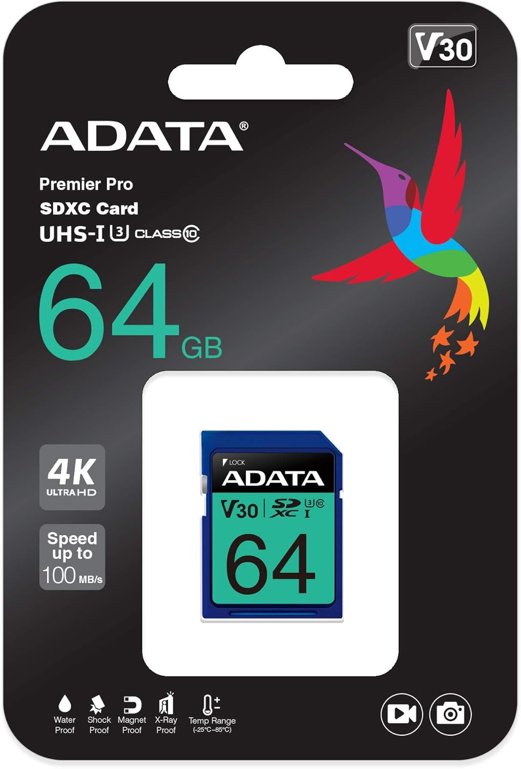 ADATA Premier Pro 64GB V30S SDXC UHS-I U3 V30 Class 10 Full HD and 4K UHD SD Memory Card (ASDX64GUI3V30S-R)