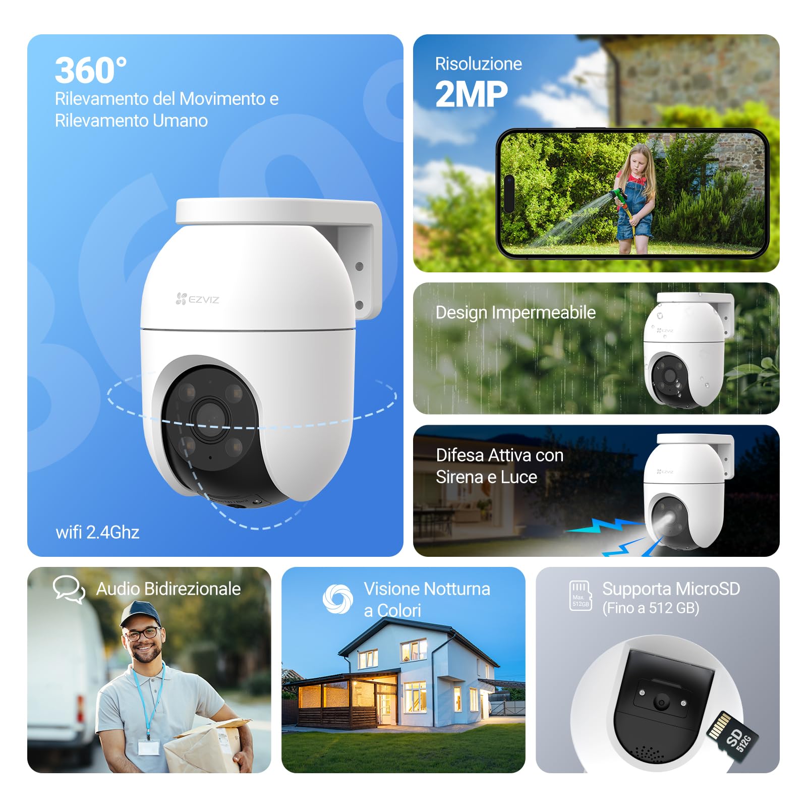 EZVIZ C8c 2MP Telecamera di Sorveglianza Wi-Fi Esterno 360° Auto-Zoom Tracciamento IP65