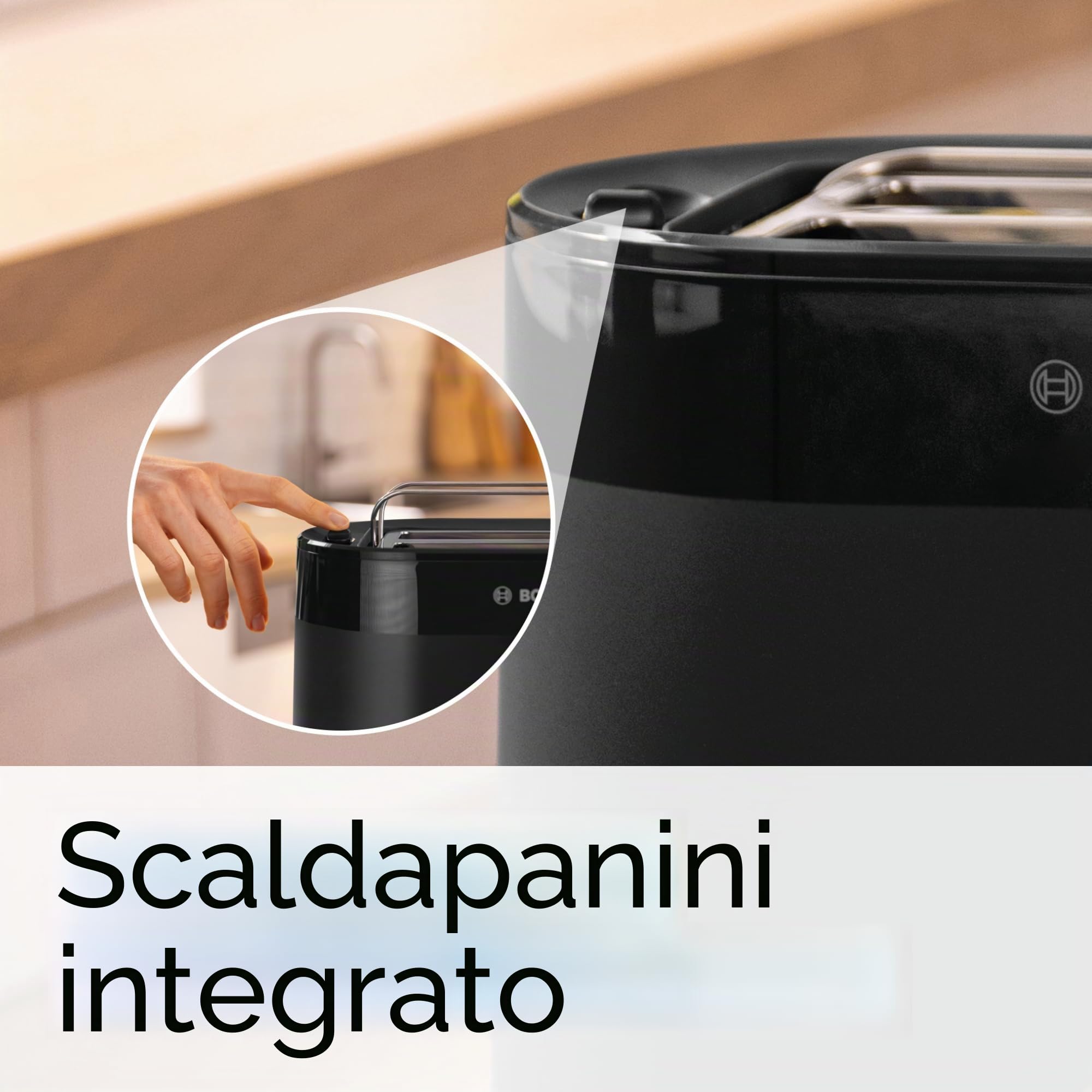 Bosch MyMoment TAT2M123 - Tostapane compatto, con funzione di scongelamento, con funzione di scongelamento, funzione di sollevamento, centraggio del pane, perfetto per 2 fette, 800 Watt, nero opaco
