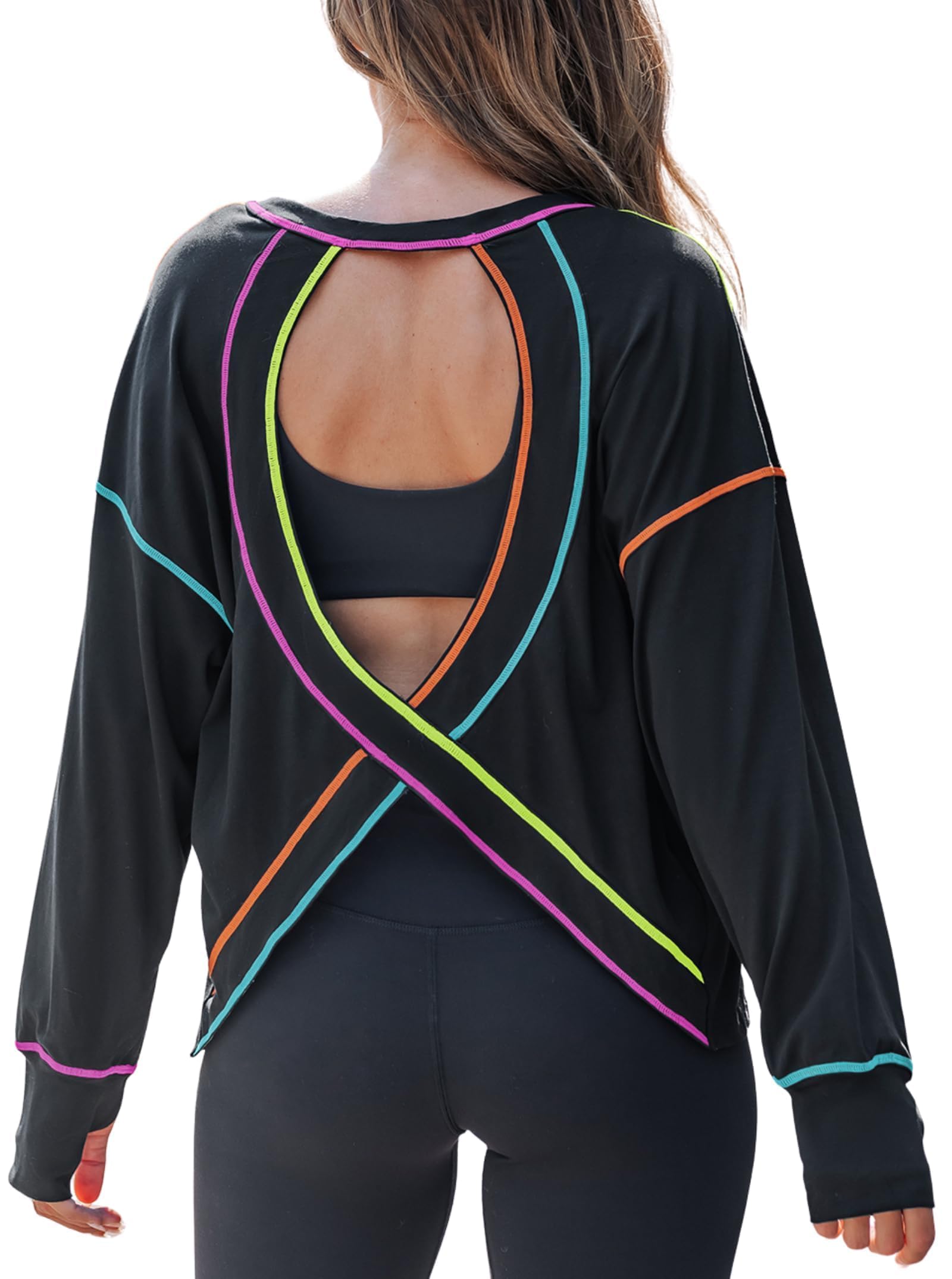 popvil Open Back Workout Tops for Women Long Sleeve