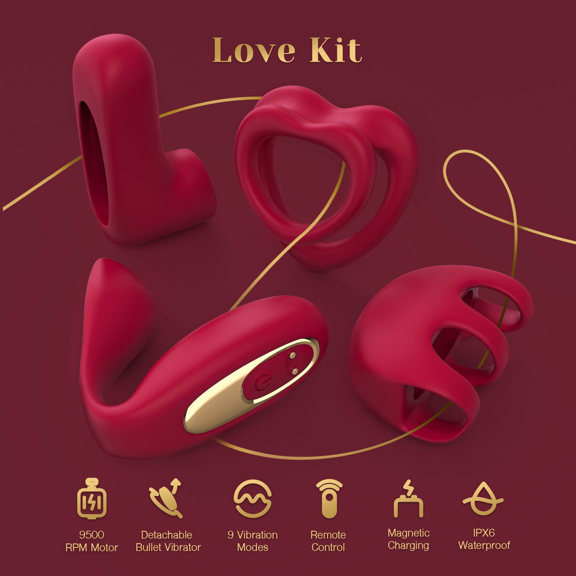 Tracy's Dog Vibrator Kit for Couples, Removable Vibrating Bullet with 3 Silicone Attachments (Cock Ring, Wearable Panty, Butt Plug Sleeve) — Remote Control Adult Sex Toys for Women & Partner Play: Red