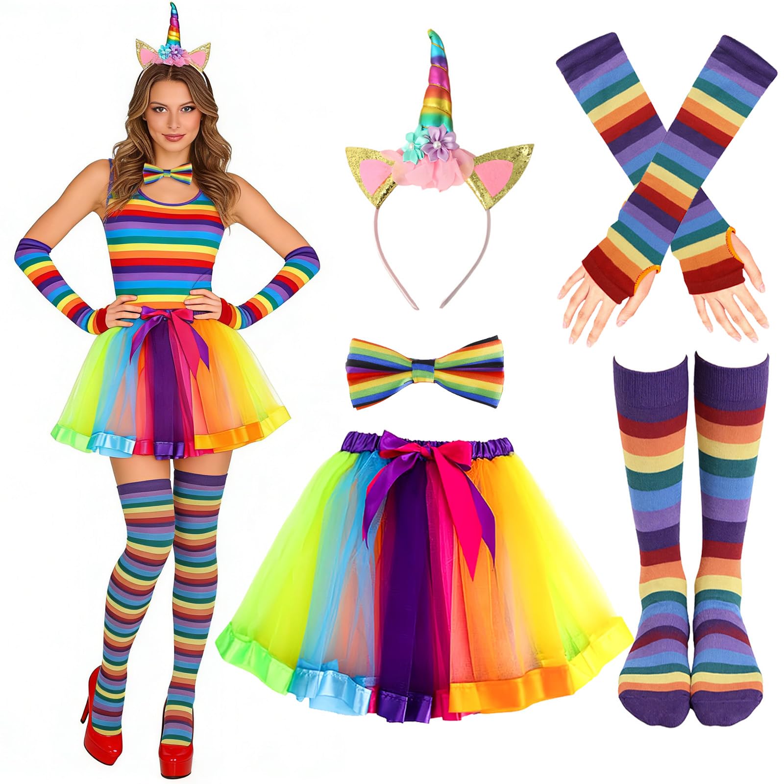 Moiuguli Rainbow Costume for Women, Rainbow Tulle Skirt Set with Tutu, Headband, Knee-High Socks, Fingerless Gloves, Bow Tie for Carnival, Halloween, Theme Party