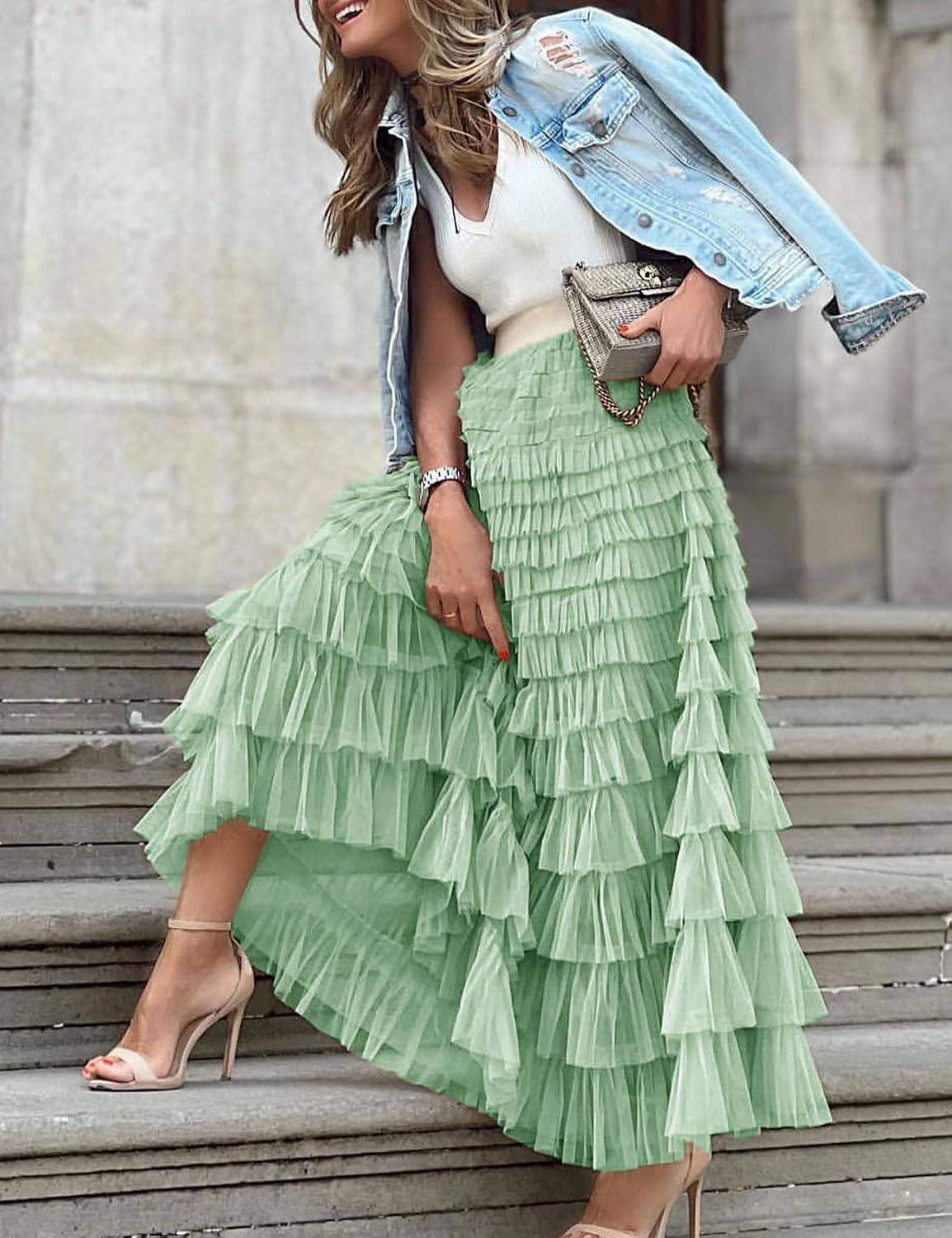 Flygo Women's Long Maxi Tulle Skirts A Line Ruffle High Waisted Tiered Layered Mesh Tutu Skirt Petticoat