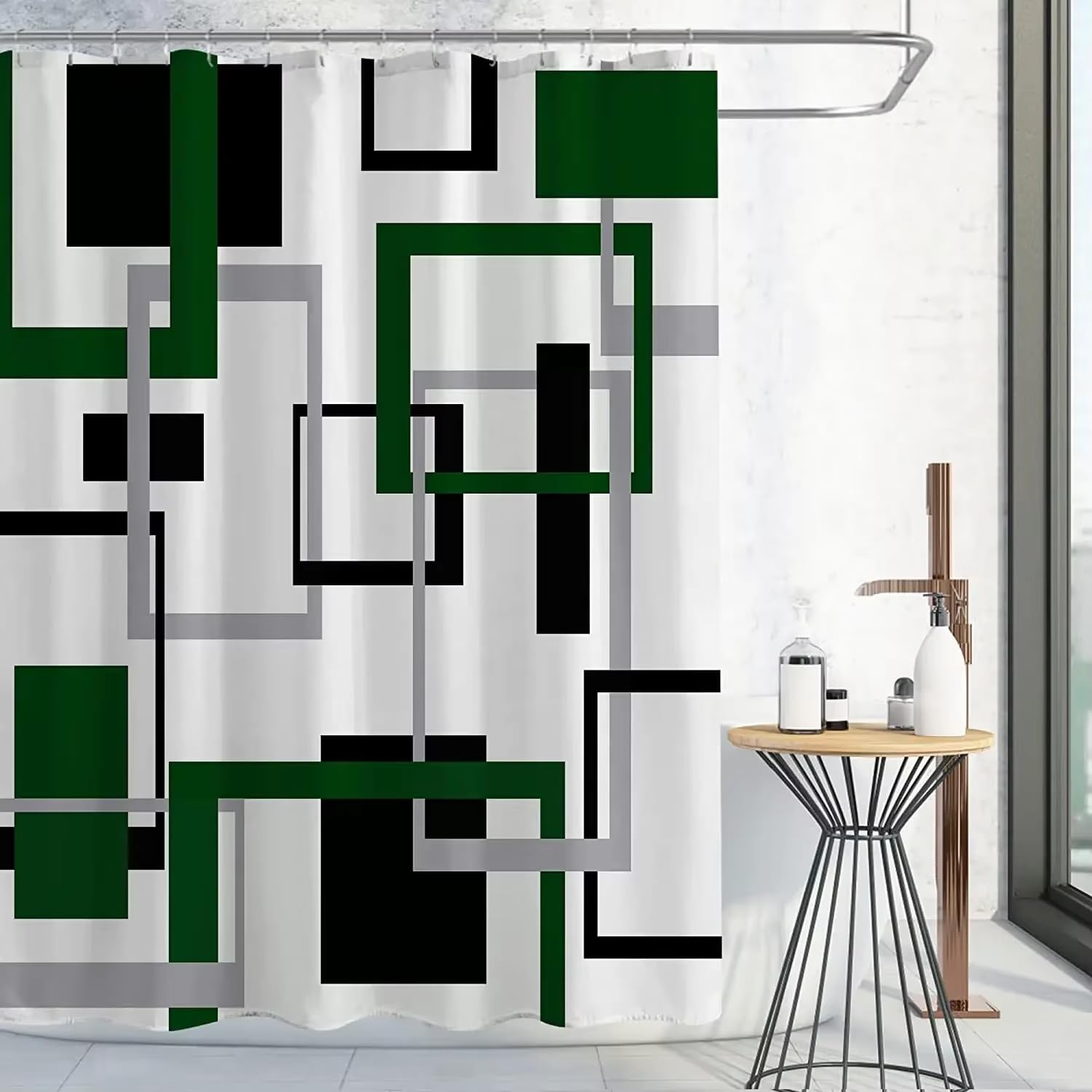 KELAIMI Mid-Century Modern Abstract Geometric Shower Curtain - Modern Simple Waterproof Bathroom Curtain - Quick-Drying Polyester Bathtub Curtain with Hooks Green 180X180Cm